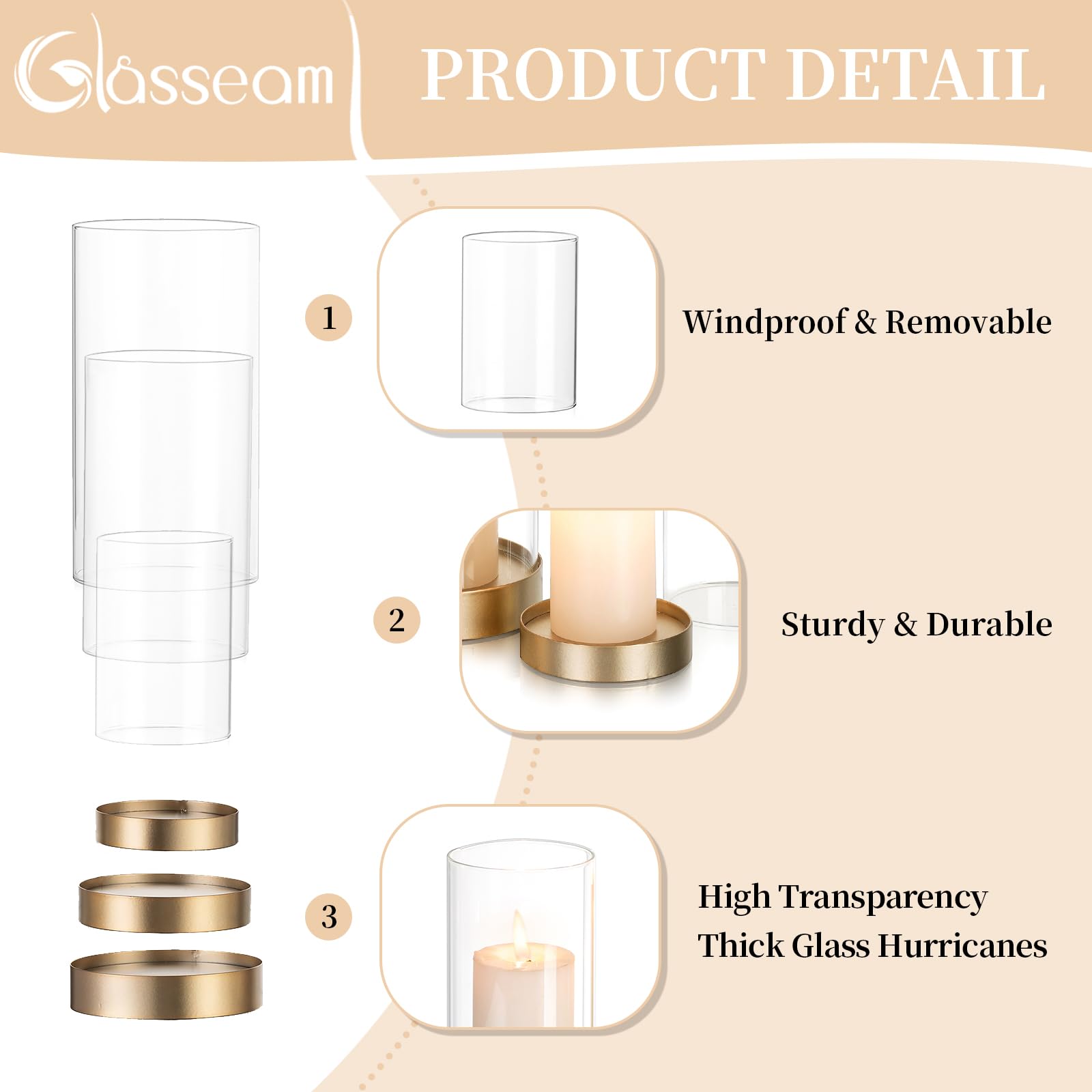 Glasseam Hurricane Glass Candle Holders Set of 6 - Gold Metal Pillar Candle Holders with Clear Glass Chimney for Wedding, Outdoor, Home Decor - Elegant Table Centerpiece for Dining Room, Patio, and Special Events