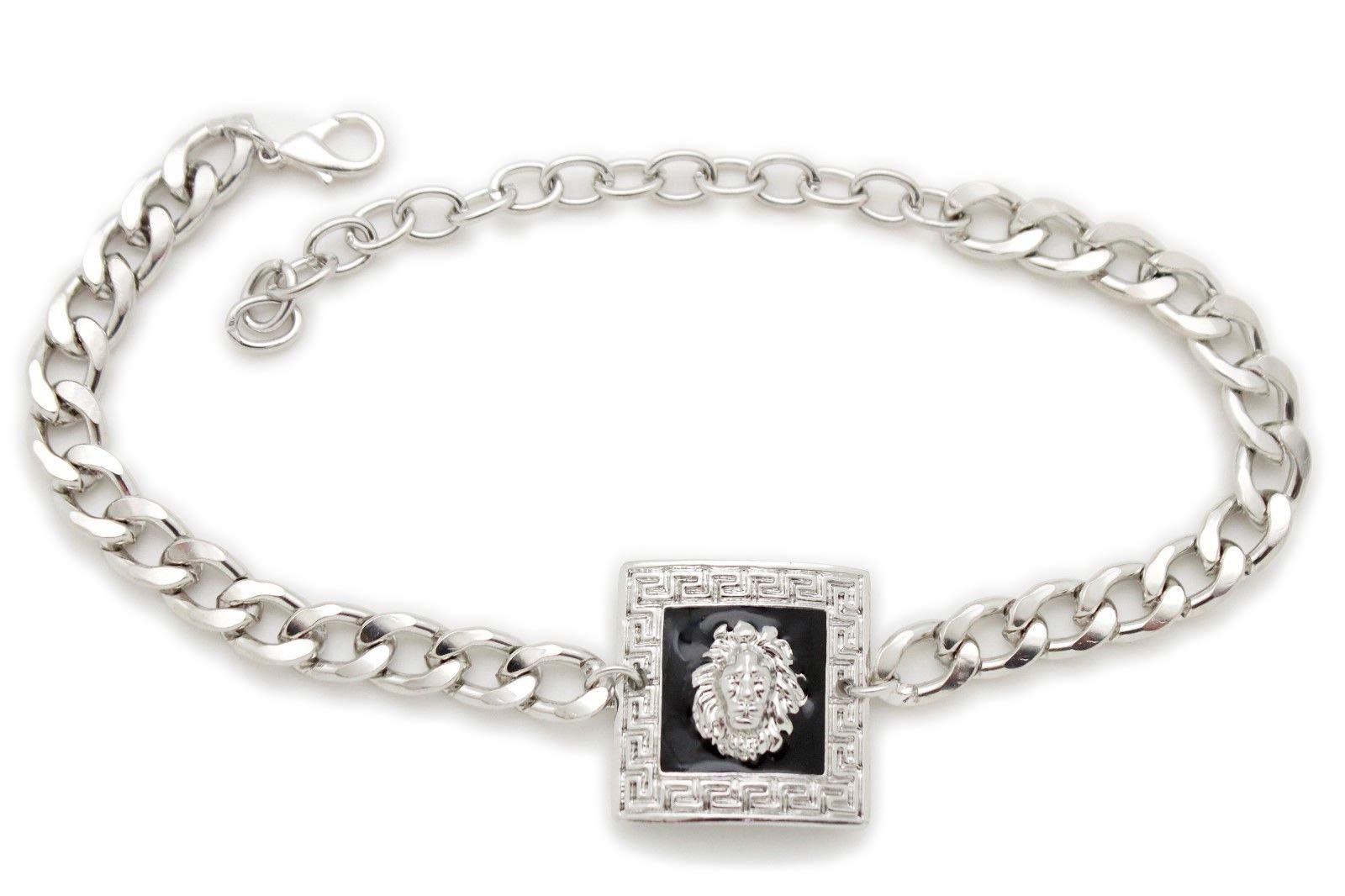 TFJ Women's Silver Boot Bracelet Chain - Bling Metal Western Fashion Anklet with Black Square Lion Charm for Cowgirl Boots & Festival Outfits
