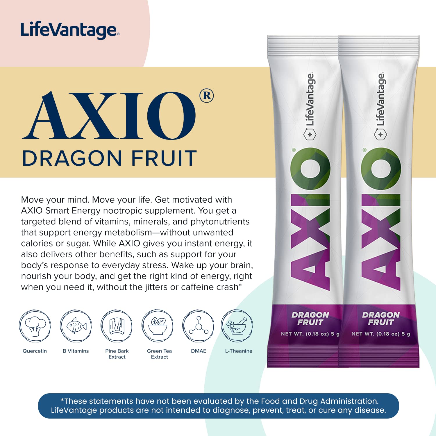 LifeVantage AXIO Dragonfruit Energy Drink Powder - 30 Packets with B Vitamins, DMAE, L-Theanine, Quercetin, Green Tea & Pine Bark Extract | Boost Focus & Energy for Workouts, Study & Daily Activities