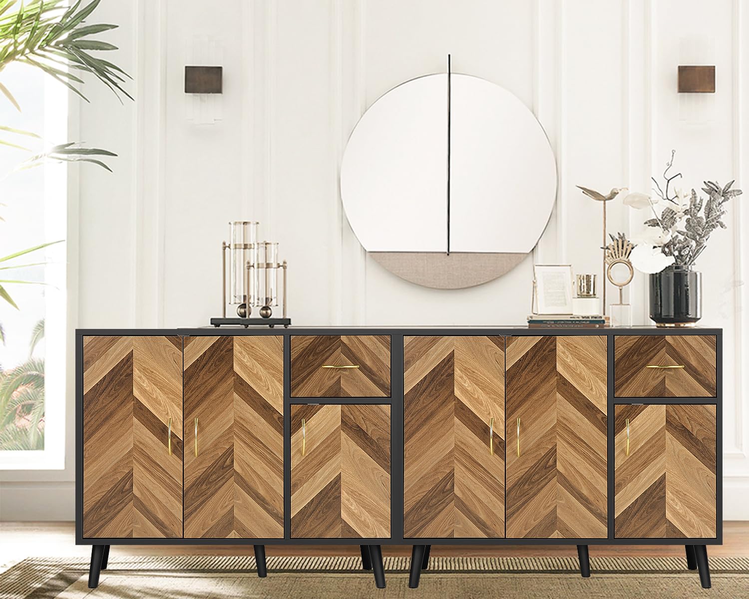 SIHANM 3-Door Sideboard Buffet Cabinet with Drawers & Shelves - Sturdy Free-Standing Storage Cabinet for Hallway, Living Room, Entryway & Kitchen | Perfect for Organizing Dishes, Linens & Home Decor