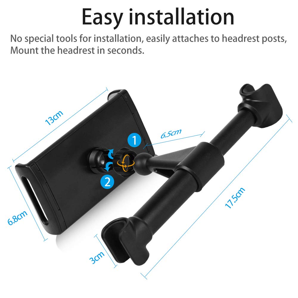 CLM-Tech Universal Car Headrest Tablet Holder - 360° Rotatable Mount for 4-11 Inch Tablets & Smartphones - Black - Perfect for Road Trips & Backseat Entertainment