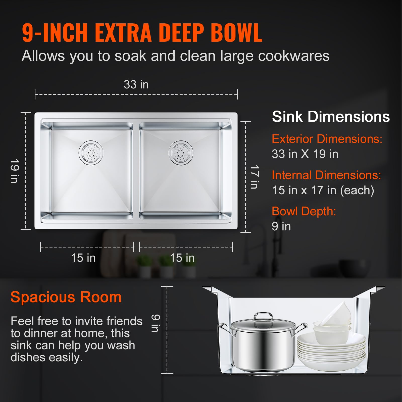 VEVOR 33 Inch 304 Stainless Steel Double Bowl Kitchen Sink - Undermount/Drop-In Design with Ledge & Accessories - Durable Workstation, RV, Prep Kitchen & Bar Sink for Dishwashing & Food Preparation