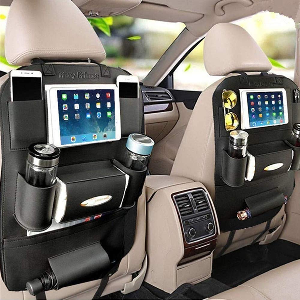 PALMOO PU Leather Car Seat Back Organizer & iPad Mini Holder - Universal Car Backseat Organizer for Kids, Storage Pockets for Bottles, Tissue Box, Toys (2 Pack, Black) - Perfect for Road Trips, Family Travel & Keeping Your Car Neat