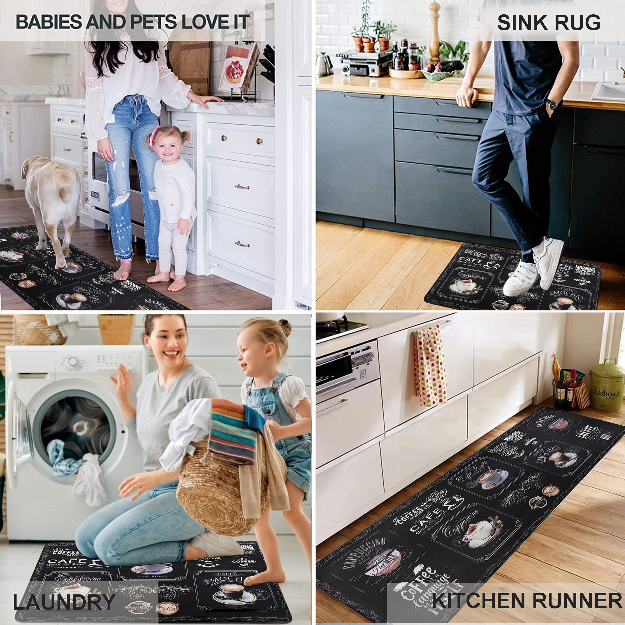 Famibay 2-Piece Anti-Fatigue Kitchen Mats Set - Non-Slip Waterproof Cushioned Floor Mat with Coffee Design, Easy to Clean Foam Rug for Kitchen Sink, Laundry & Standing Areas (17