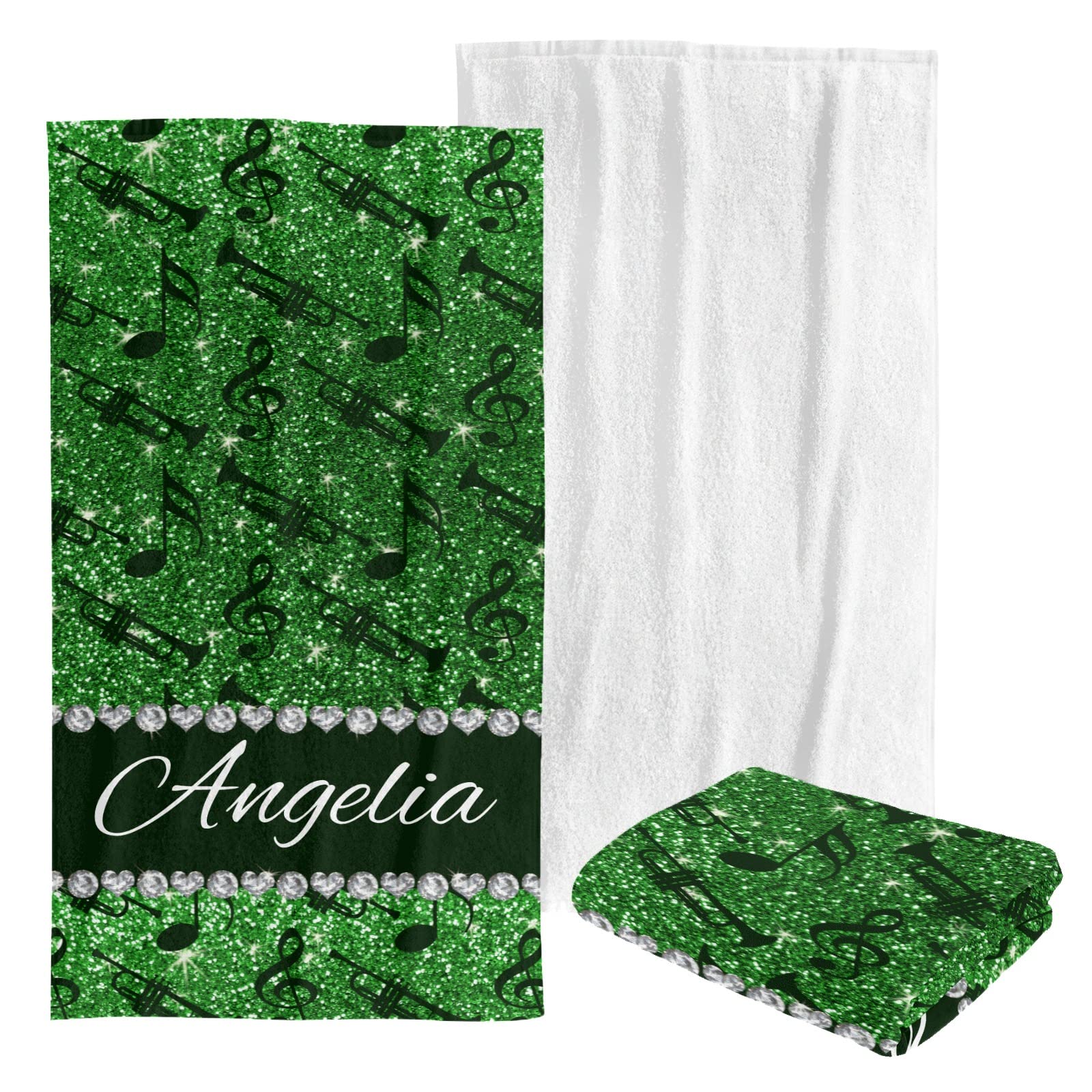 Custom Personalized Beach Towel - Monogrammed Bath & Swim Towel for Kids, Men, Women | Soft Quick-Dry Blanket for Pool, Beach Vacation & Summer Activities - Music Notes Diamond Green Design