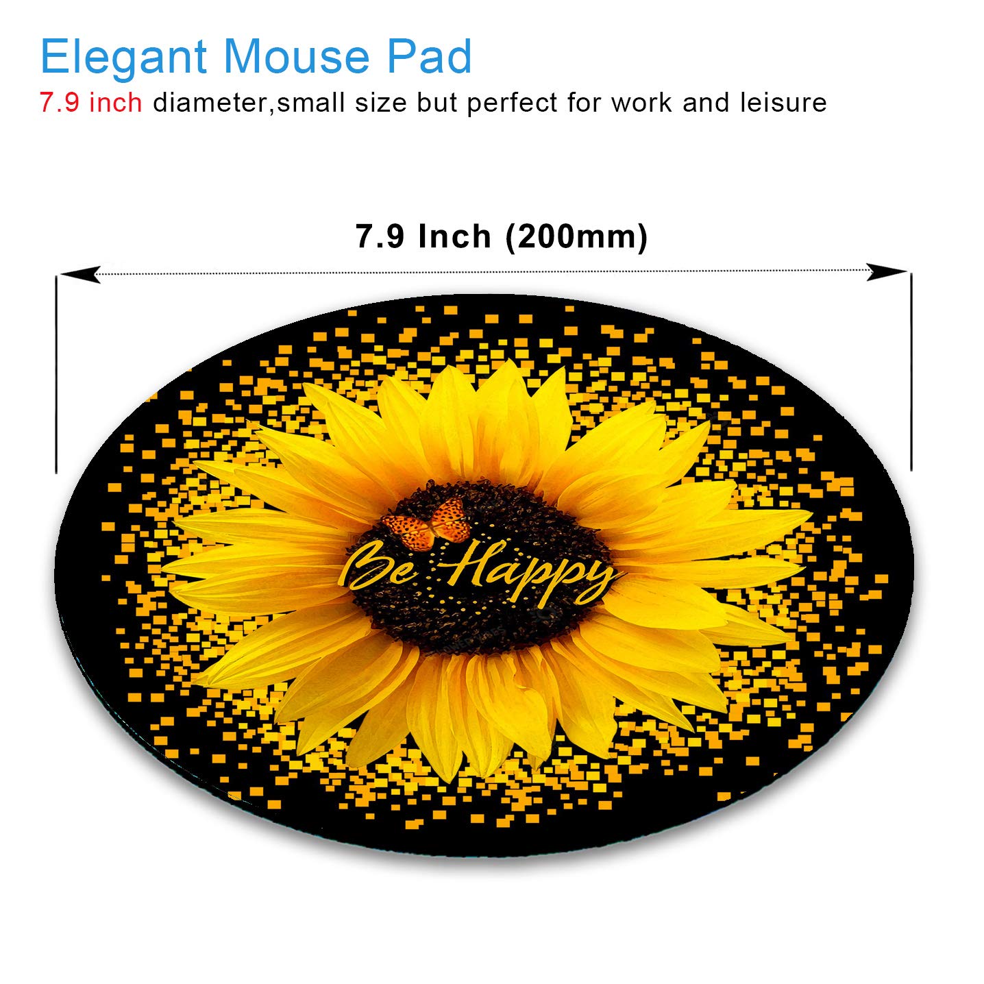 IMAYONDIA Round Mouse Pad with Sunflower & Butterfly Design - Non-Slip Rubber Base for Office & Laptop - 7.9 x 7.9 Inch Yellow Flower Mouse Mat with Inspirational 'Be Happy' Quote - Perfect for Work, Gaming & Home Office Use