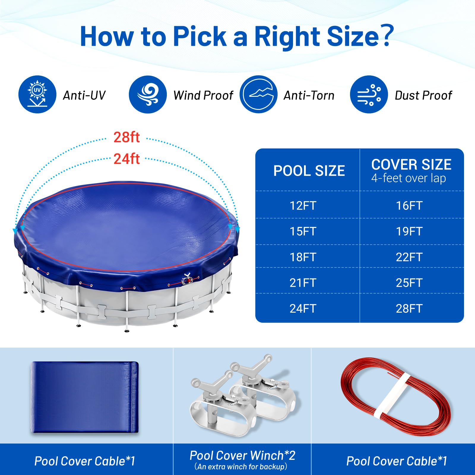 24FT Round Winter Pool Cover for Above Ground Pools - Heavy Duty UV Protected with Cable & Winch System - Waterproof & Dustproof Blue Pool Cover - Perfect for Winter Protection & Off-Season Storage