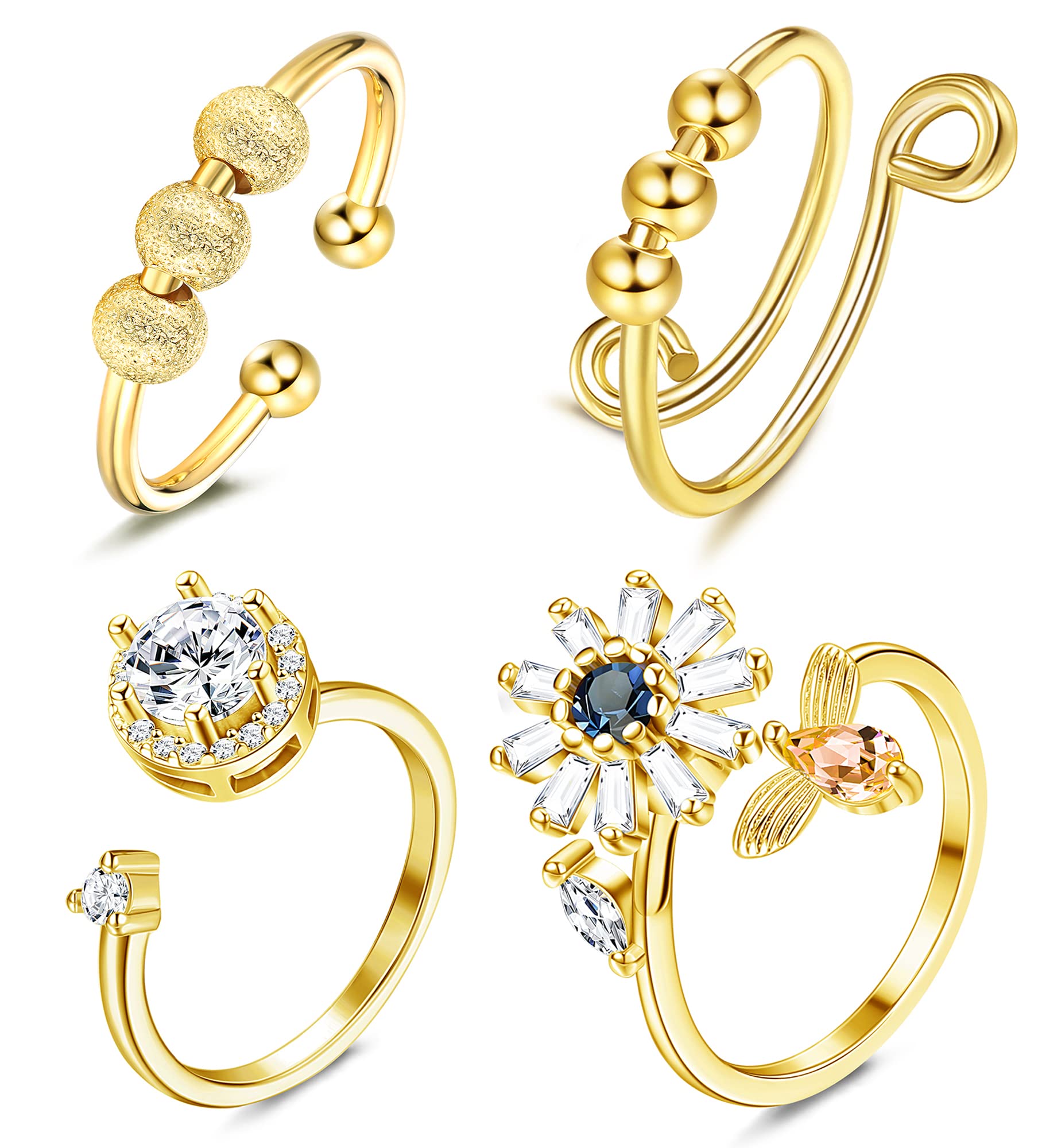 FIBO STEEL 4PCS Adjustable Spinner Rings for Women - Anxiety Relief, Stress Reduction, Cubic Zirconia Flower Beads - Rotatable Stackable Rings for Office, Travel & Daily Wear