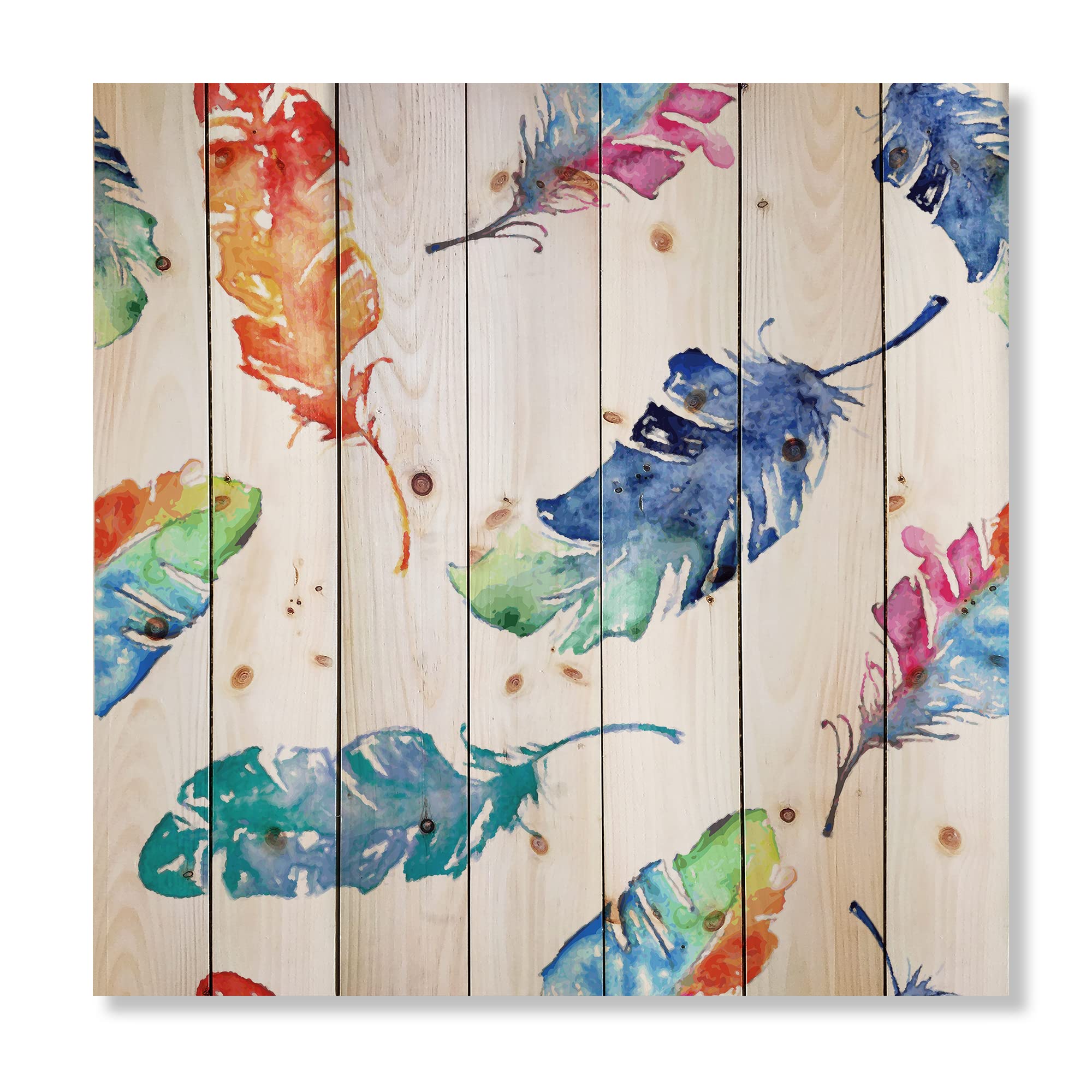 Bohemian Blue Feather Wood Wall Art - Handcrafted Ethnic Decor with Printed Photography on Natural Pine Wood Panels - Perfect for Living Room, Bedroom & Boho Home Decor