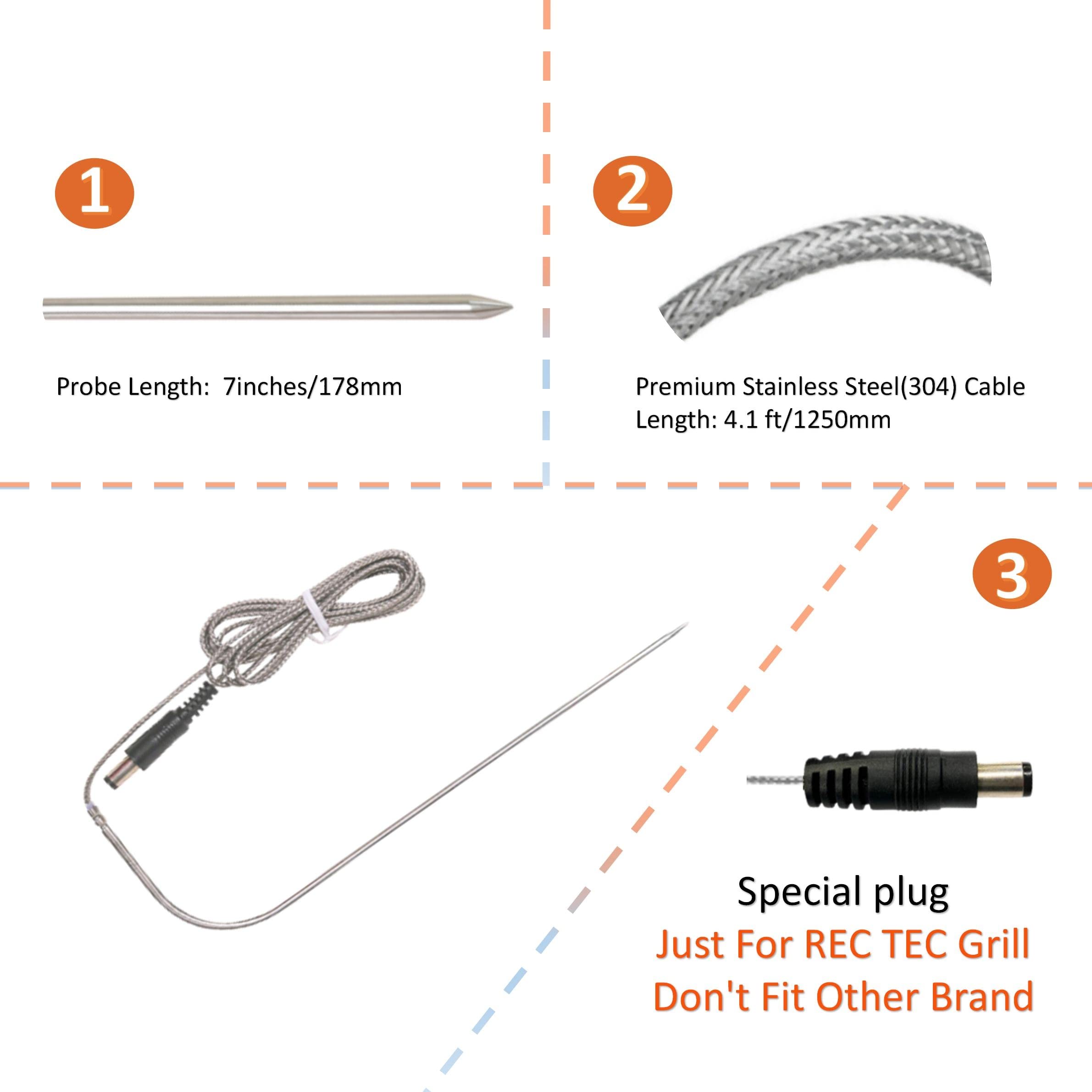 Rec Tec RT-1250 RT-700 RT-590 RT-B380 Bullseye Replacement Meat Probe Thermometer - 2 Pack BBQ Grill Accessories for Wood Pellet Smokers | Perfect for Grilling, Smoking, and Monitoring Meat Temperature