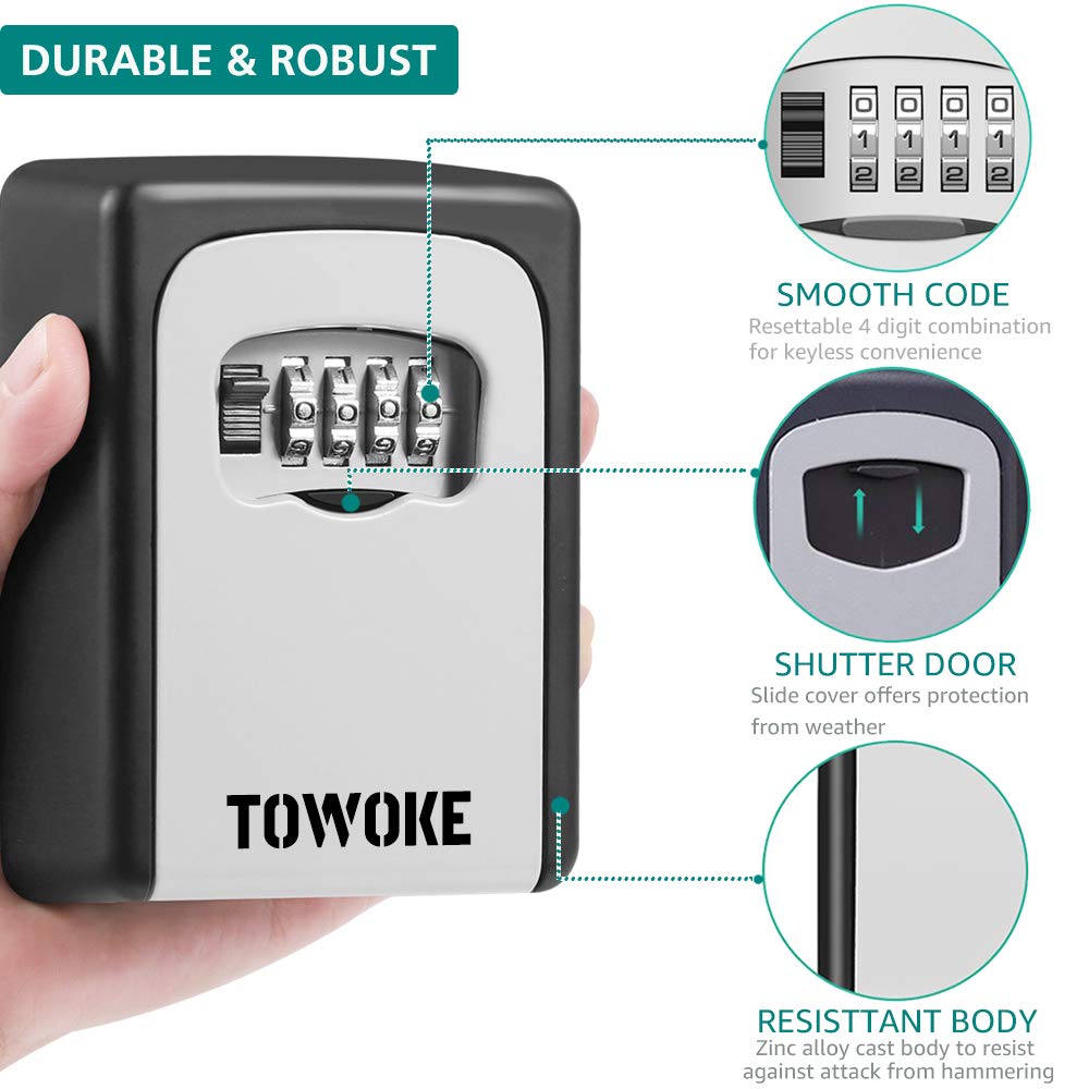 Waterproof Wall Mount Key Lock Box with Resettable Combination - Zinc Alloy Outdoor Key Storage Safe for House Spare Keys (5 Key Capacity, Includes Mounting Kit) - Perfect for Vacation Homes, Rental Properties & Emergency Access