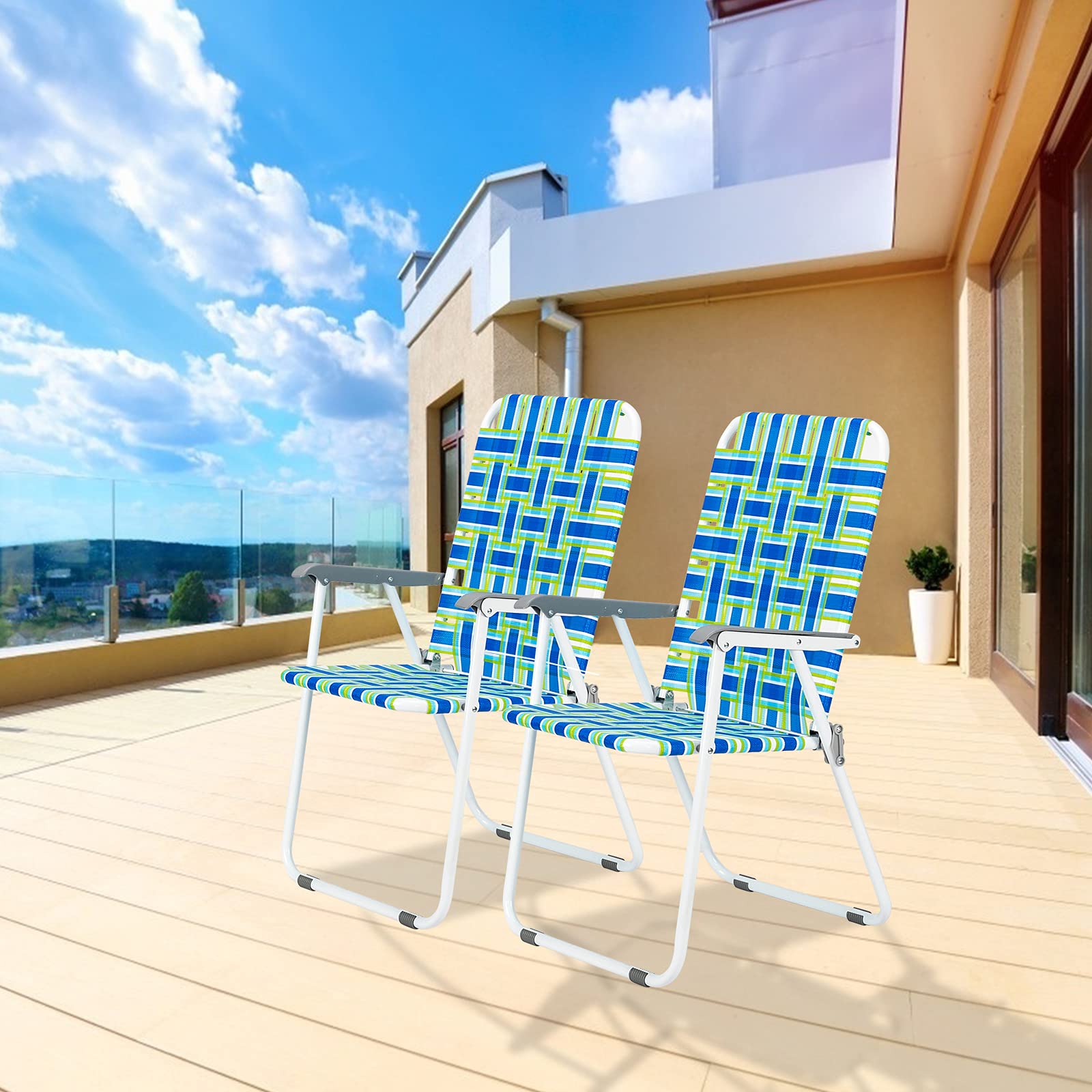 2 Pack Lightweight Folding Beach Chairs - Portable Camping Chairs for Outdoor, Lawn, Concert & Beach Relaxation (Blue Striped) - Perfect for Picnics, Travel & Backyard Lounging