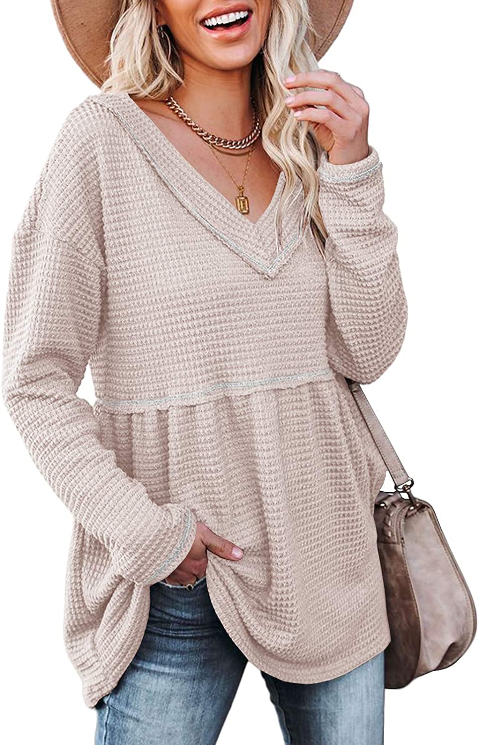 Women's V-Neck Tunic Top - Long Sleeve Waffle Knit Pullover Shirt - Casual Flowy Sweater for Fall & Winter - Perfect for Work, Office & Weekend Outfits
