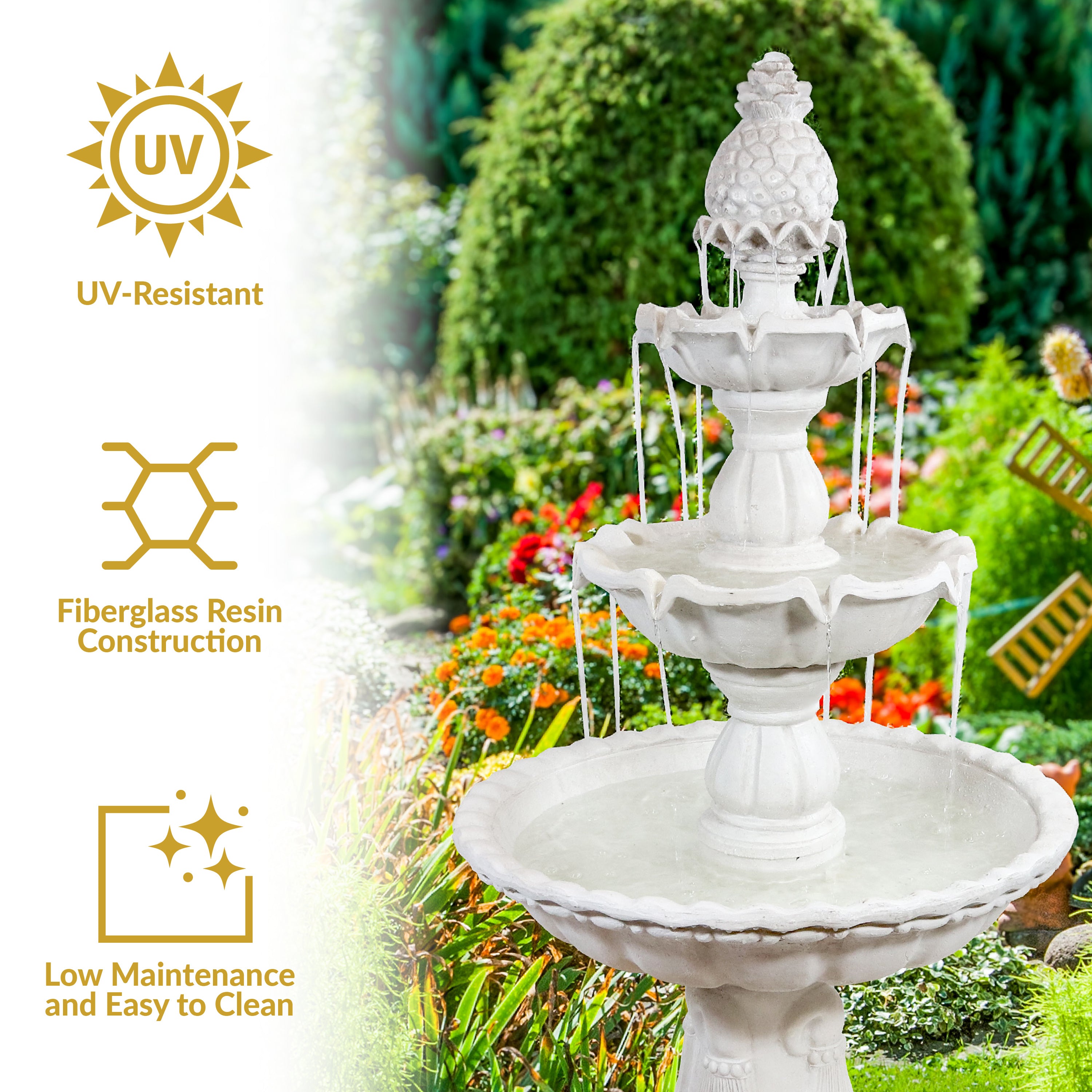 Sunnydaze 3-Tier Outdoor Water Fountain for Garden - Relaxing Garden Decor with Cascading Waterfall - Perfect for Patio, Yard, and Backyard Landscaping