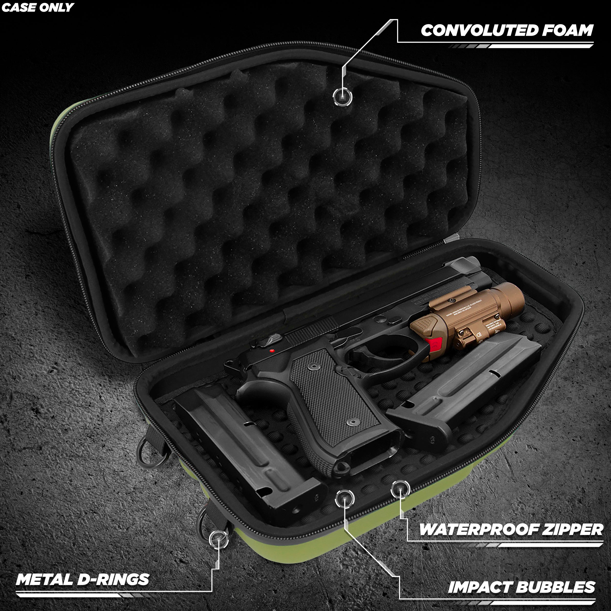 Premium CASEMATIX Locking Pistol Case for Small to Large 9mm Handguns - Secure Storage with Extra Magazine & Attachment Space - Heavy Duty Green Gun Case with Locking Zippers - Perfect for Range, Travel & Home Security