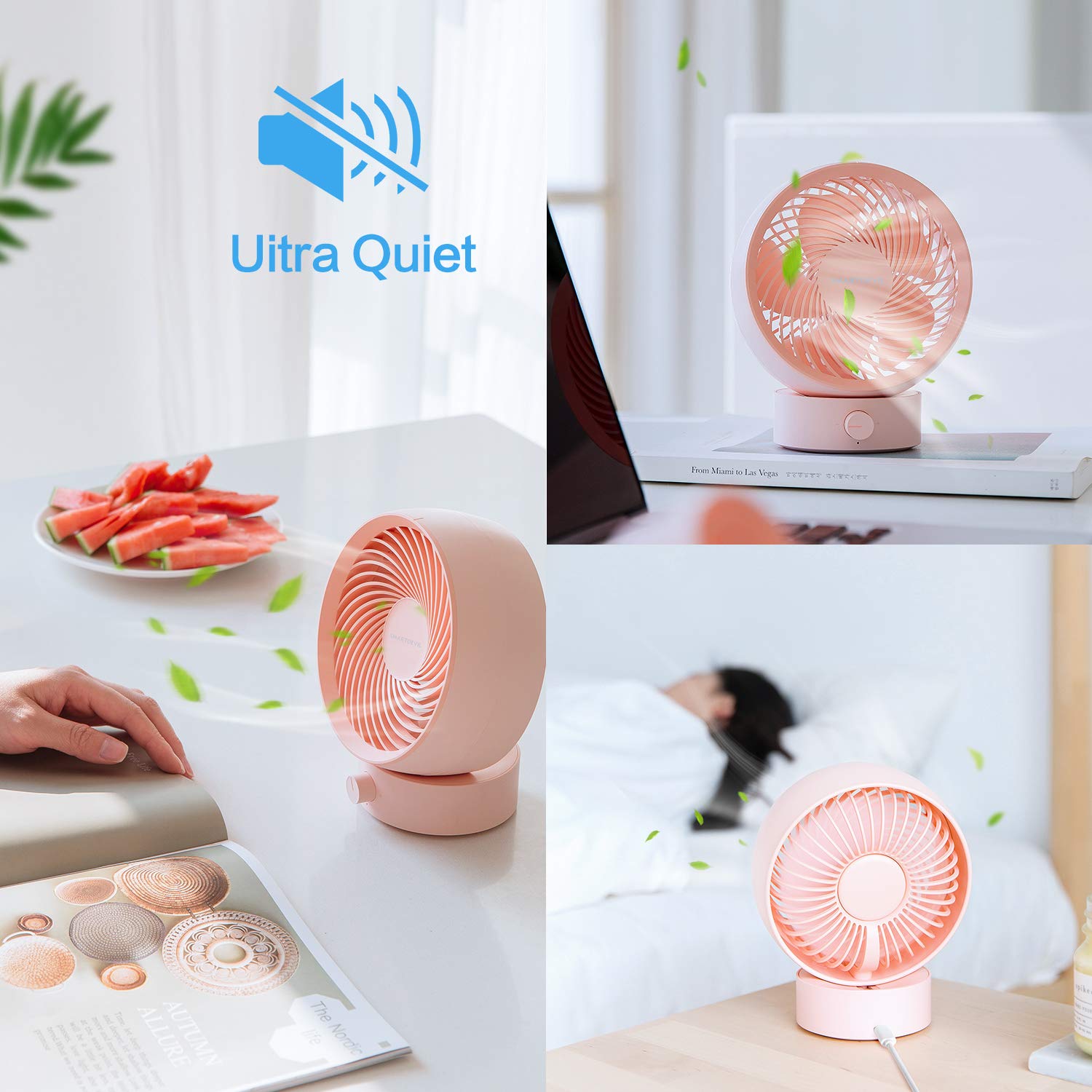 SmartDevil USB Desk Fan - Mini Quiet Portable Fan with Adjustable 20° Tilt & Stepless Speed Control - Low Noise USB Fan for Office, Home, Travel (Pink) - Perfect for Work Desks, Bedside Tables & Dorm Rooms