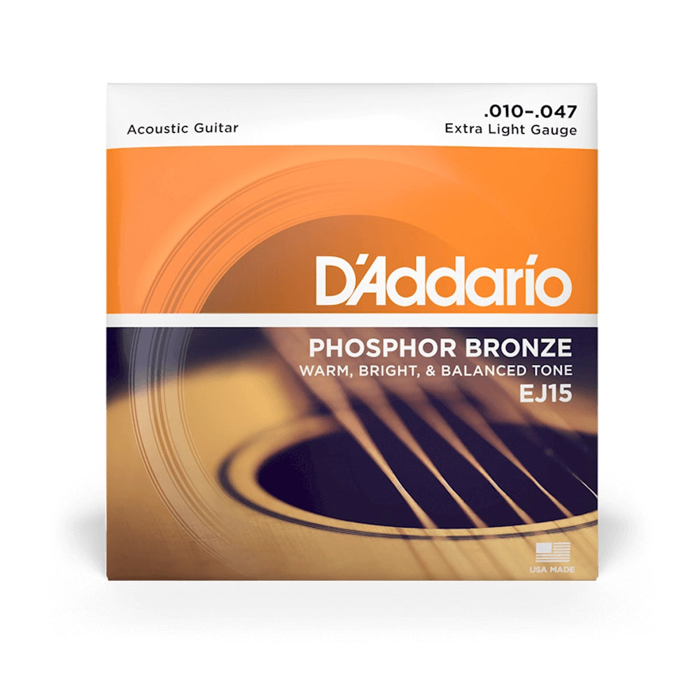 D'Addario EJ15 Phosphor Bronze Acoustic Guitar Strings - Extra Light 10-47 Gauge - Warm & Bright Tone for Folk, Country & Fingerstyle Playing