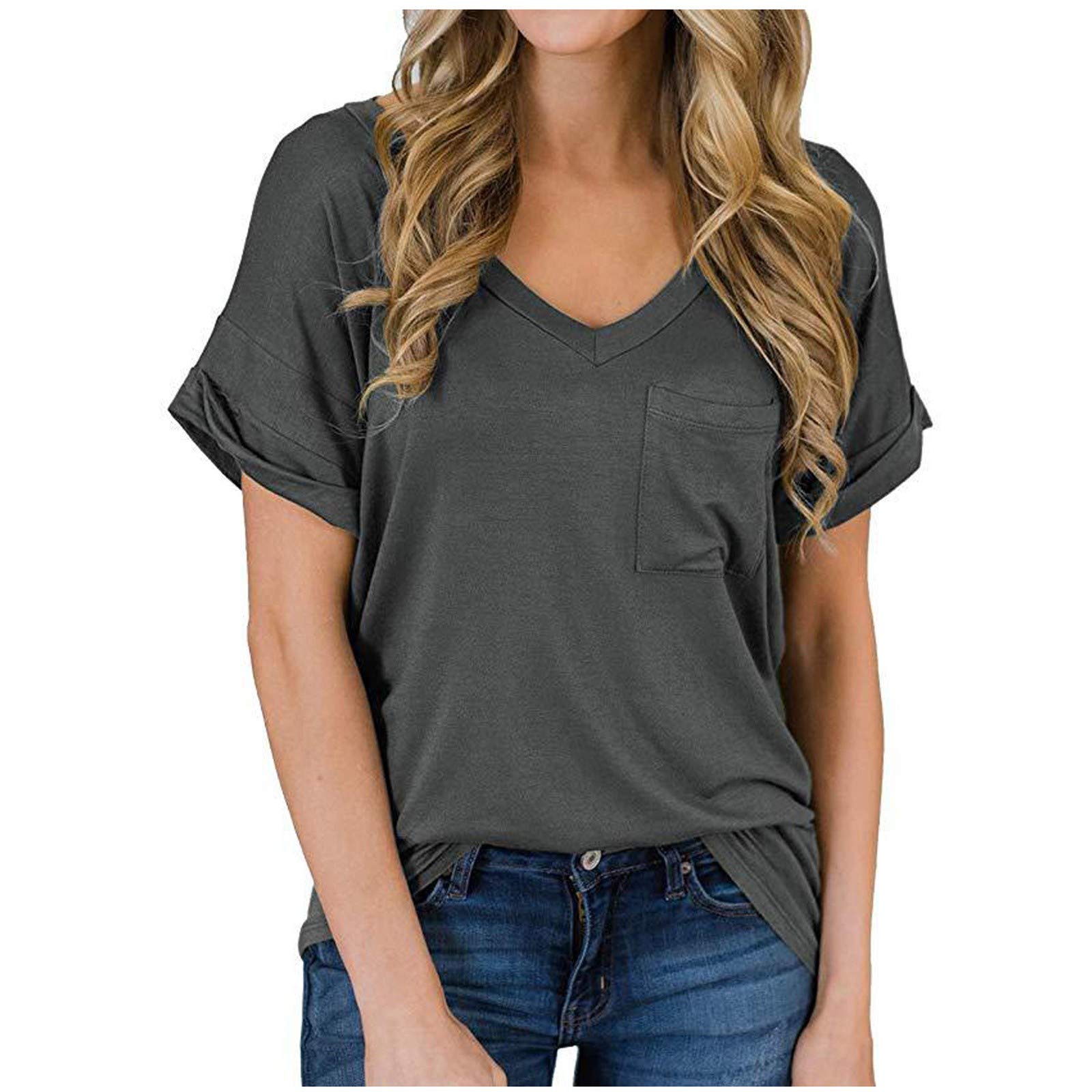 ZEFOTIM Women's Trendy Spring Fashion Tops - Solid Ruffled Pocket Long Sleeve V-Neck Blouse Tee Tunic for Casual Wear | Perfect for Office, Dating & Weekend Outings