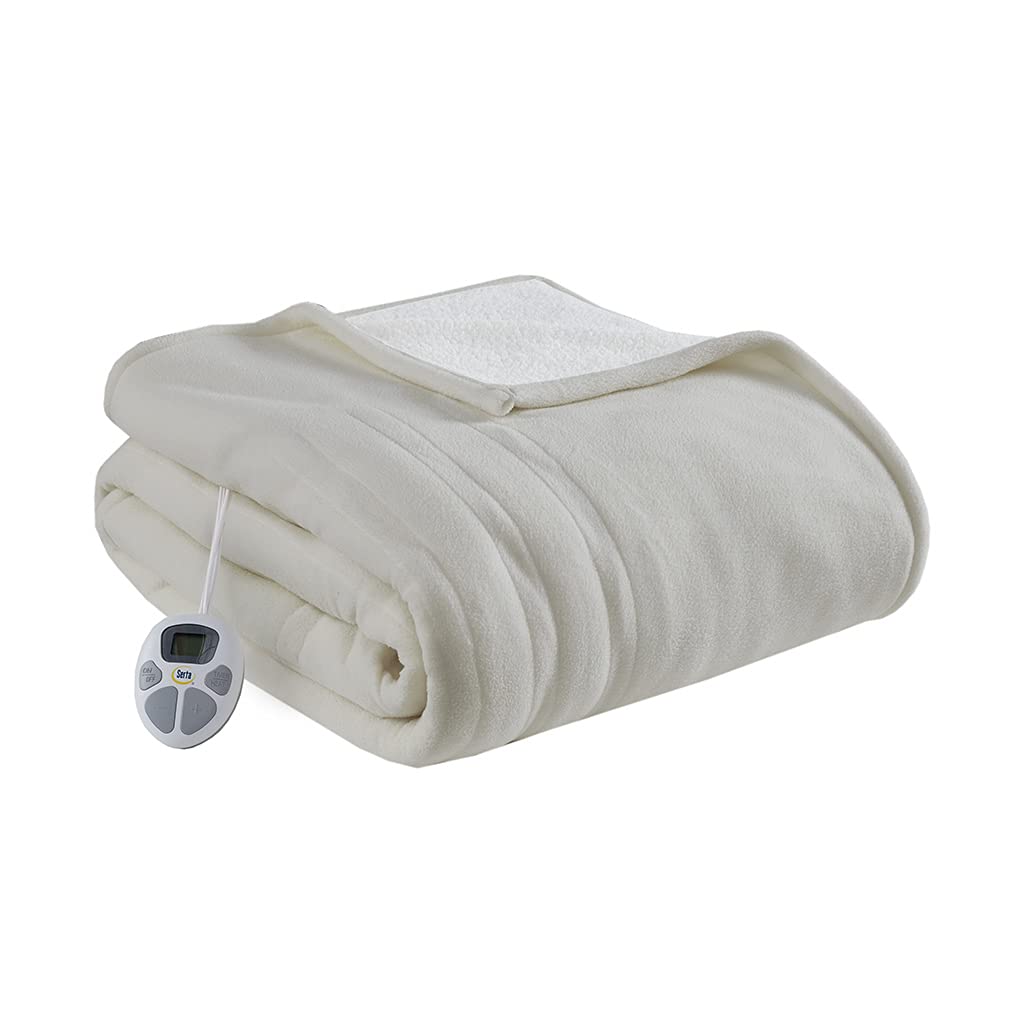 Serta Reversible Fleece to Sherpa Electric Blanket - Fast Heating with Auto Shut Off Timer & Multi Heat Settings - ETL Certified, Machine Washable - Tan Twin 84