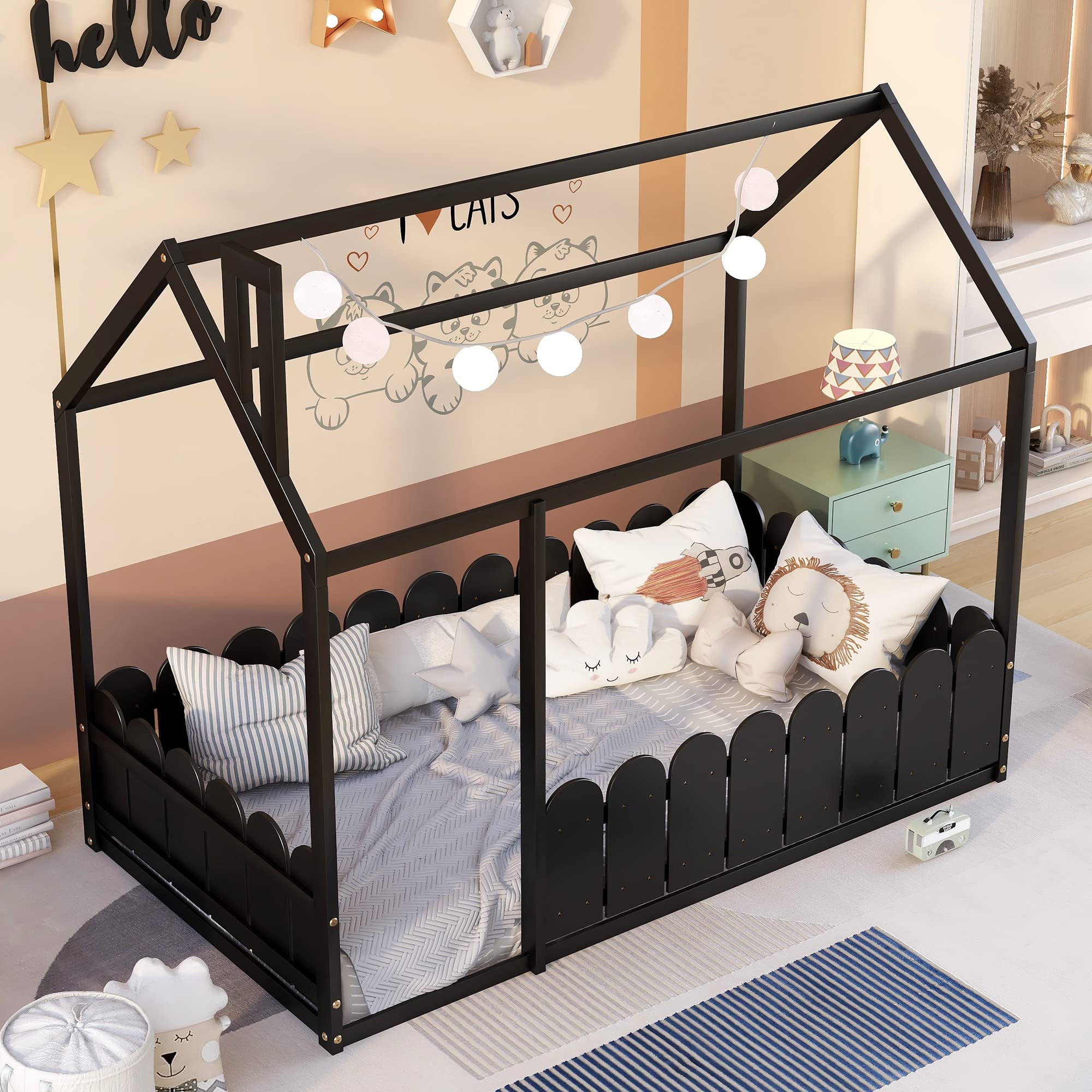 Harper & Bright Designs Twin Size Kids Bed Frame - Pine Wood Roof, Fence-Shaped Guardrails, Cabin & Floor Bed for Children & Teens (Espresso) - Perfect for Small Bedrooms, Playrooms & Sleepovers
