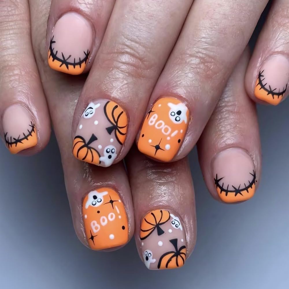 Halloween Pumpkin Press On Nails - Short Square Orange French Tip Acrylic Fake Nails with Ghost Designs | Matte False Nails for Women (24PCS) | Perfect for Halloween Parties, Cosplay & Spooky Nail Art