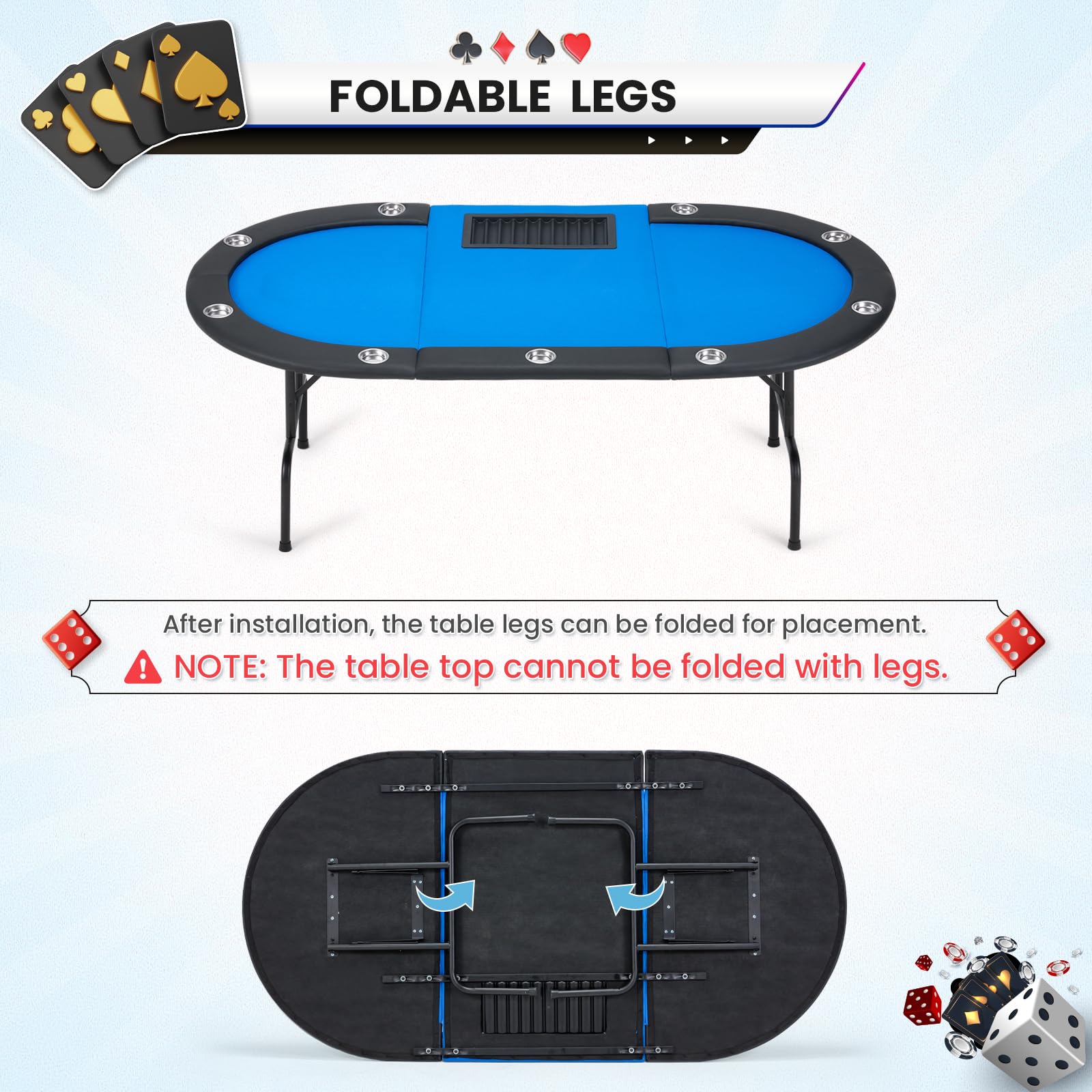 Premium ECOTOUGE Poker Table with Stainless Steel Cup Holders - Professional Texas Hold'em Casino Game Table with Sturdy Legs (Blue, Oval) for Home Game Nights, Poker Parties & Casino-Themed Events