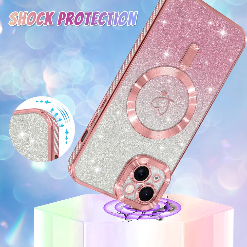 **Bonoma Magnetic Case for iPhone 15 Plus 6.7 Inch - Magsafe Compatible, Glitter Heart Design, TPU Back Cover with 2x Screen Protectors - Pink | Perfect for Everyday Use & Camera Protection**