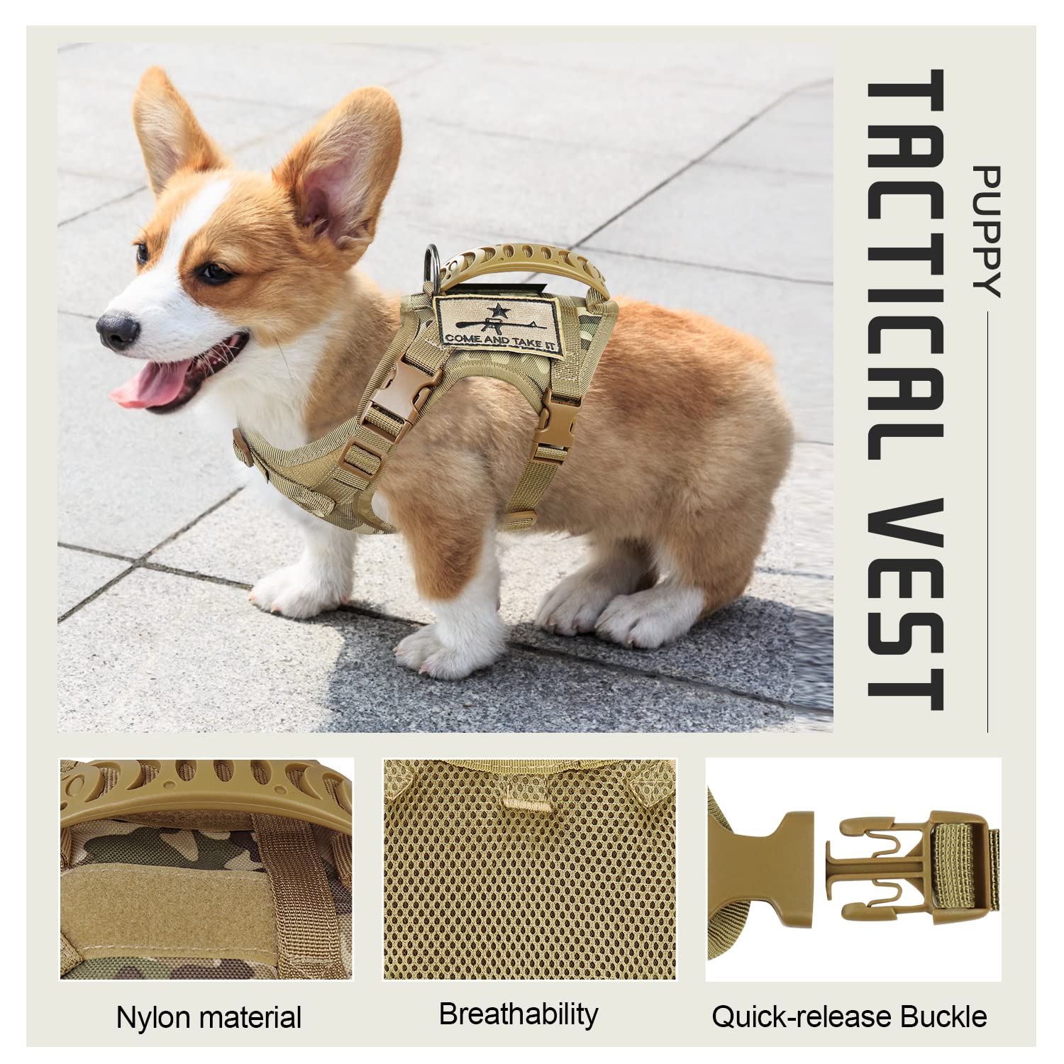 Tactical Dog Harness - Adjustable Military MOLLE Vest with Rubber Handle for Outdoor Training & Working - X-Small Beige (Pack of 1) - Perfect for Hiking, Police K9, Search & Rescue Missions