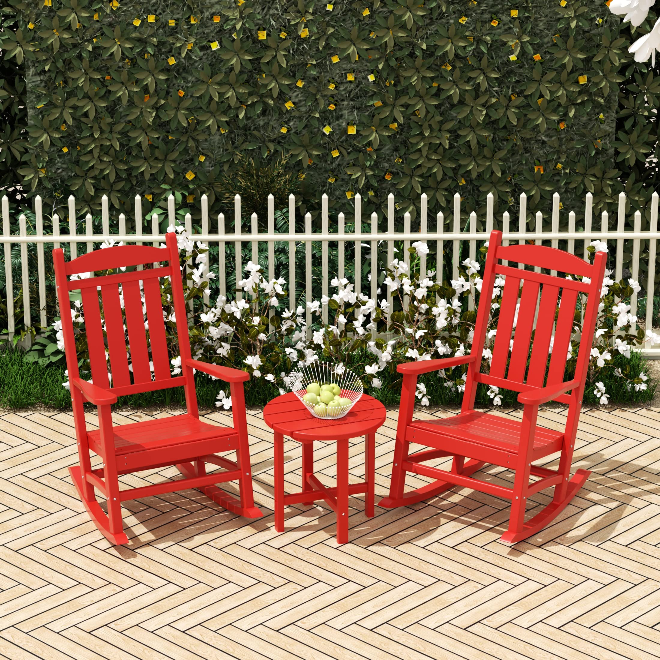 WO Home Furniture 3-Piece HDPE Outdoor Rocking Chair Set - Traditional Patio Rocking Chairs for Garden, Porch & Backyard (Red) | Weather-Resistant & Comfortable Outdoor Seating