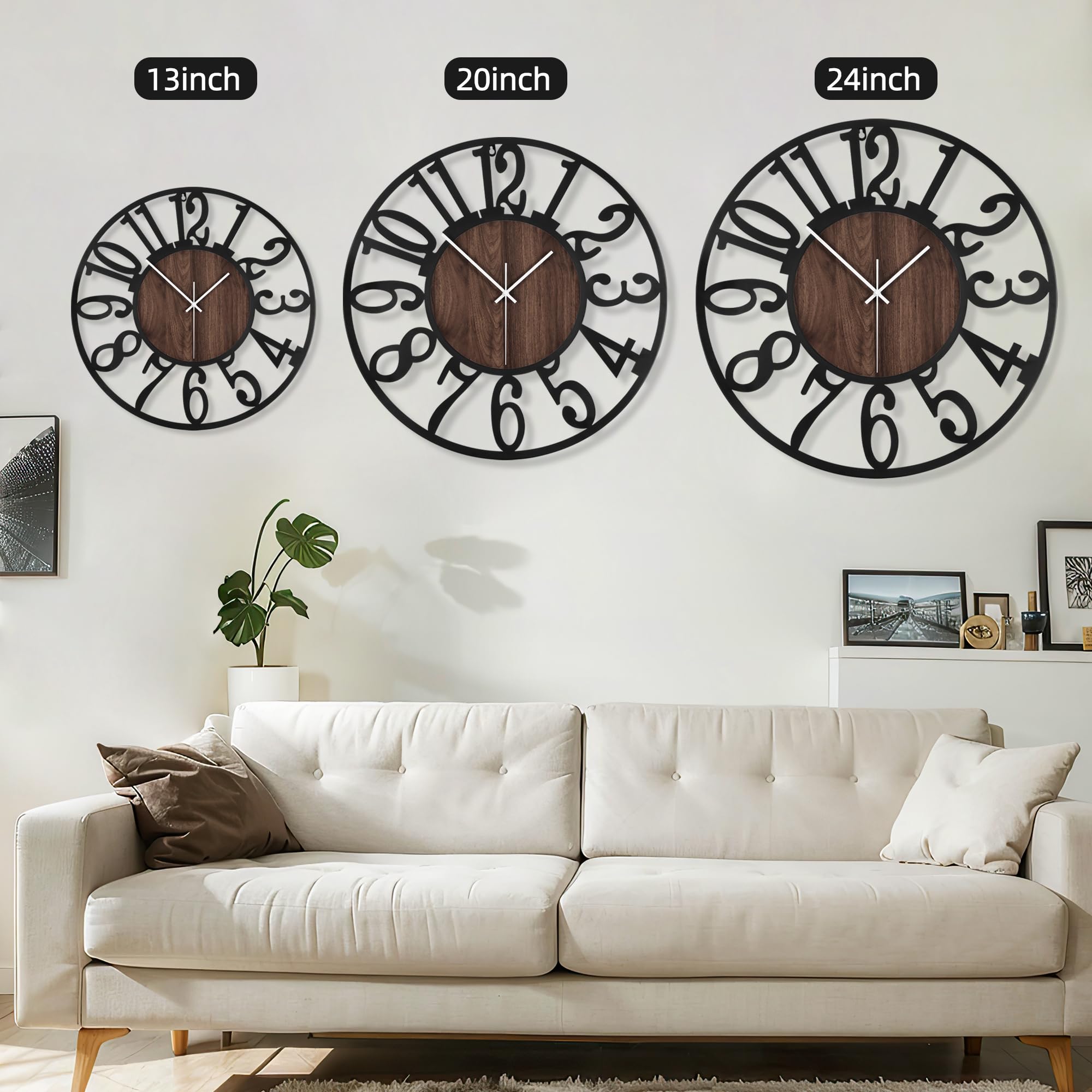 Maxstar 24 Inch Large Round Wall Clock - Silent Non-Ticking Battery Operated Wall Clock for Living Room, Kitchen, Office, Bedroom, Farmhouse Decor - Black Metal & Wood Finish - Perfect for Home, Office, and Garden Decoration