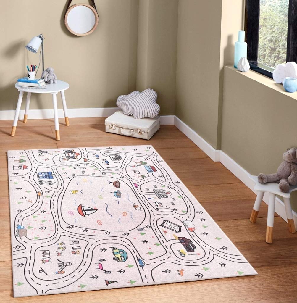 Happy Woody Nursery Rug - Non-Slip Kids Play Mat with Road Design, 39