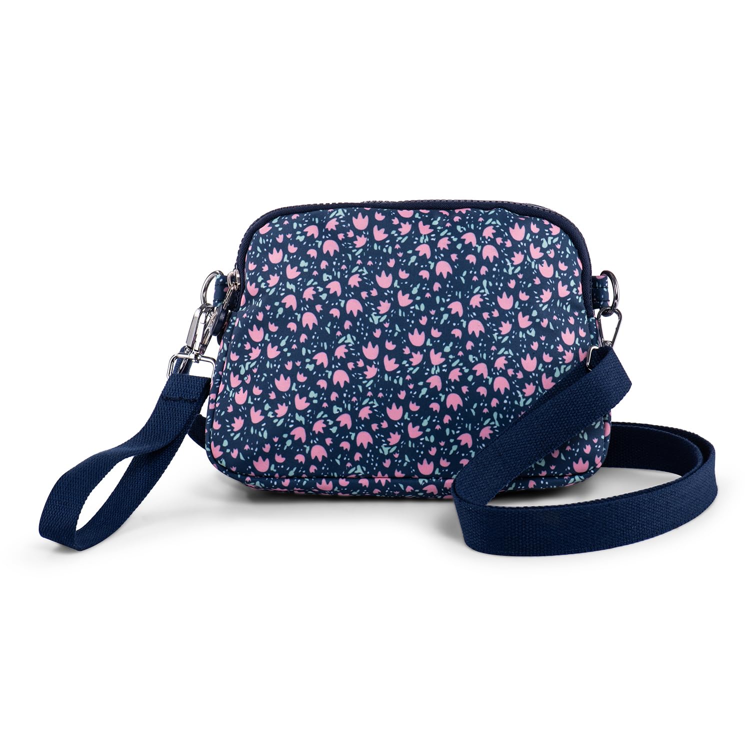 Yigorie Women's Crossbody Bag with Adjustable Short & Long Straps - Multi-Pocket Nylon Small Shoulder Purse (Blue with Pink Flowers) for Casual Outings, Travel & Everyday Use