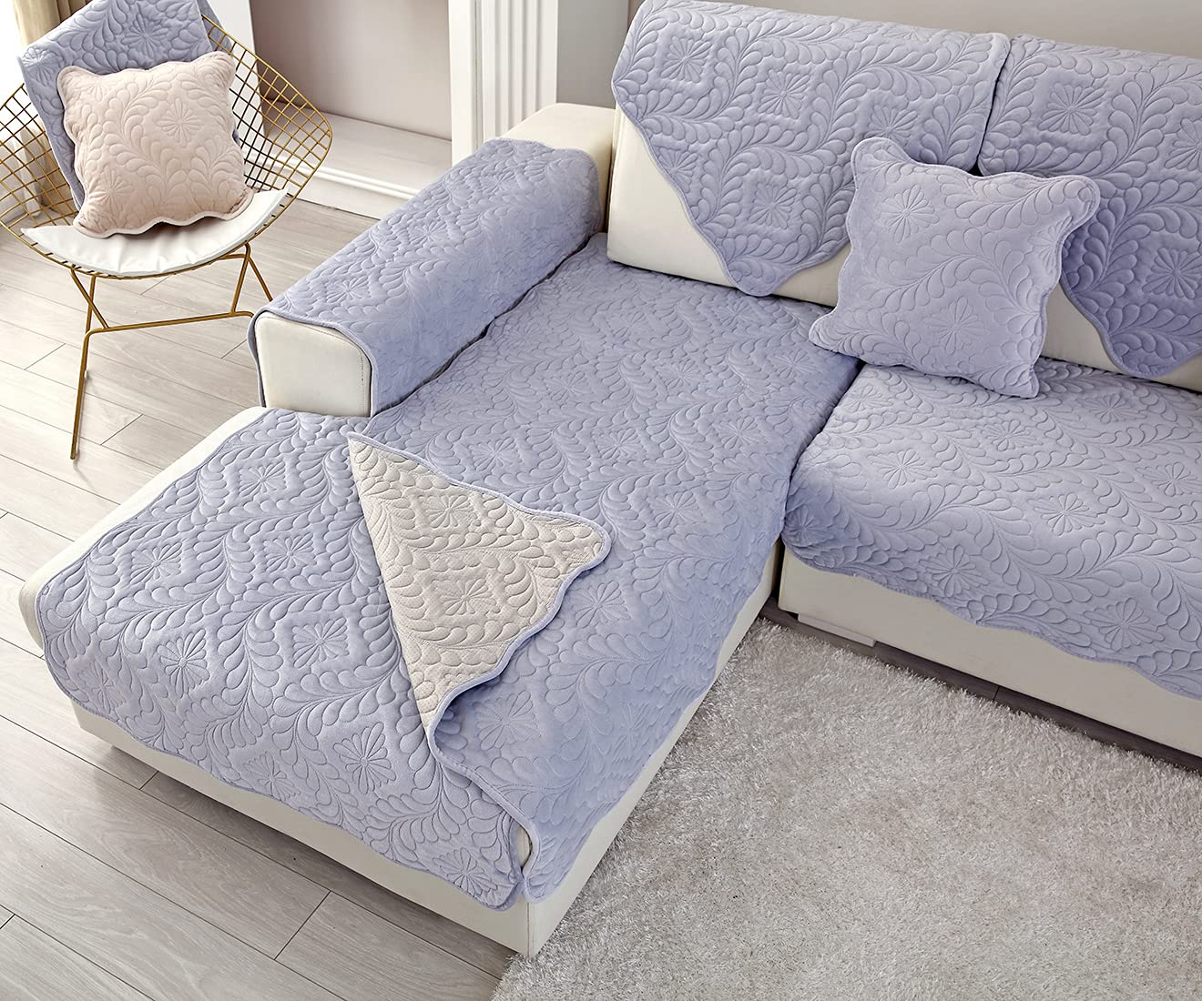 Velvet Quilted Sofa Cover - Soft Non-Slip Sectional Couch Slipcover for Pets, Recliner & L-Shaped Couches with Armrest & Backrest Protection (Greyish Purple, 28x82 Inch) - Perfect for Pet Owners & Living Room Decor
