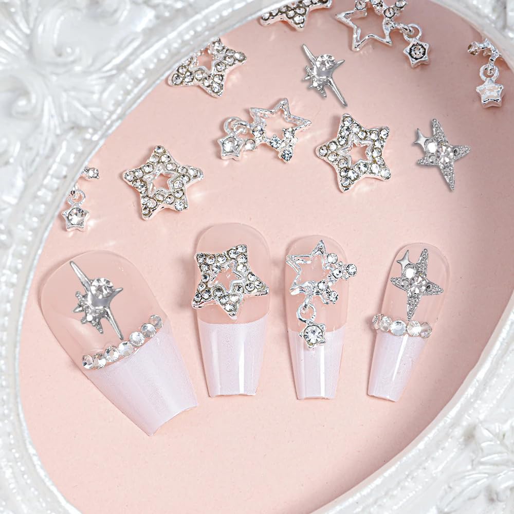 60 PCS Gold Silver Star Nail Art Charms - 6 Styles 3D Shiny Alloy Nail Gems for Acrylic Nails | DIY Nail Decorations for Women & Girls | Perfect for Manicures, Parties & Special Occasions