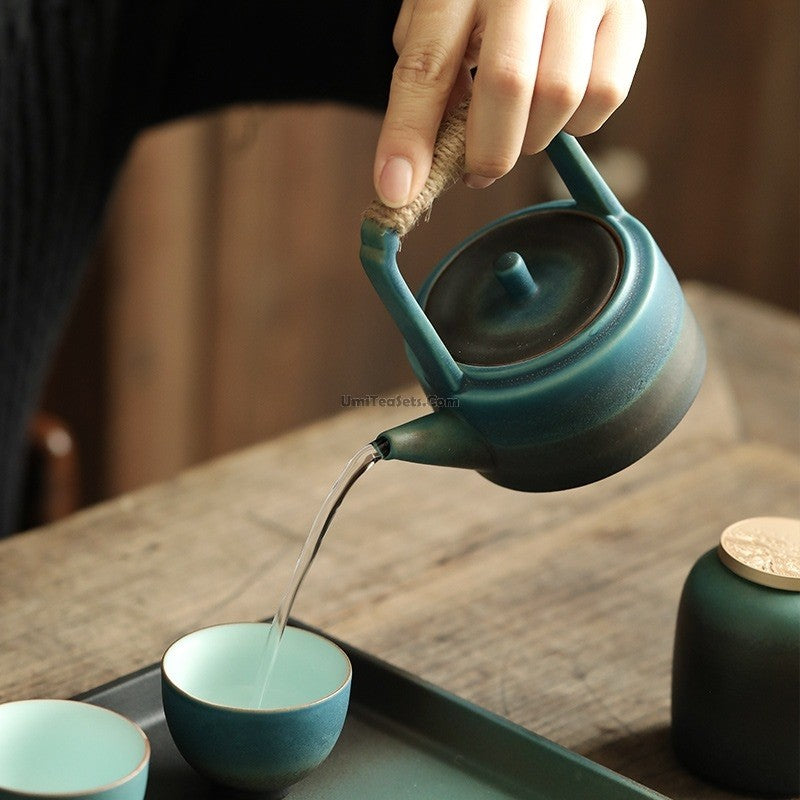 Premium Japanese Cyan Ceramic Tea Set - Traditional Handcrafted 6-Piece Set for Matcha, Green Tea & Herbal Tea | Perfect for Home, Office & Tea Ceremonies