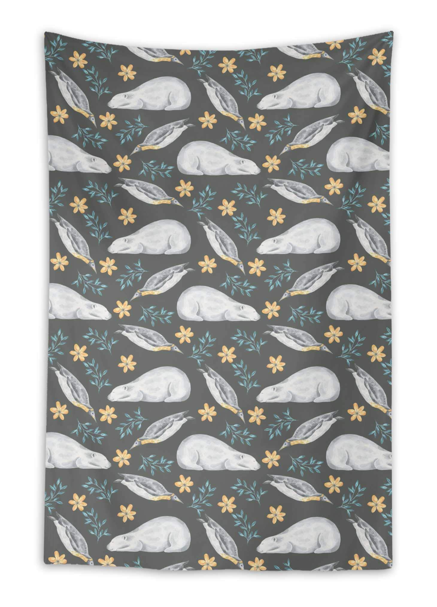 Gray Penguin Bear Floral Digital Printed Tapestry - 58 x 58 Inches - Wall Decor for Bedroom, Living Room, Dorm - Perfect for Boho Home Decor & Aesthetic Room Makeover