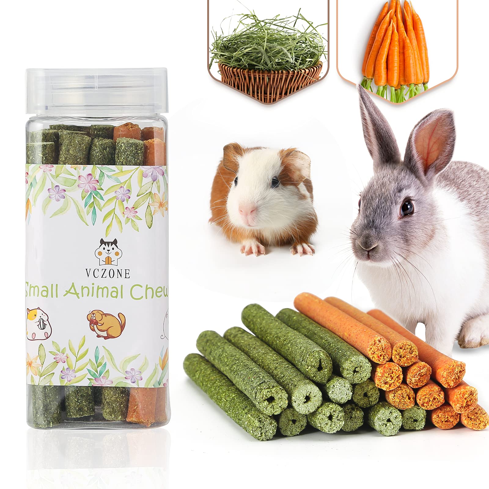 VCZONE Natural Timothy Grass Rabbit Chew Toys for Teeth - Healthy Carrot Sticks for Guinea Pigs, Hamsters, Chinchillas, Squirrels & Small Pets - Perfect for Dental Care & Stress Relief - Great for Cage Enrichment & Playtime Activities