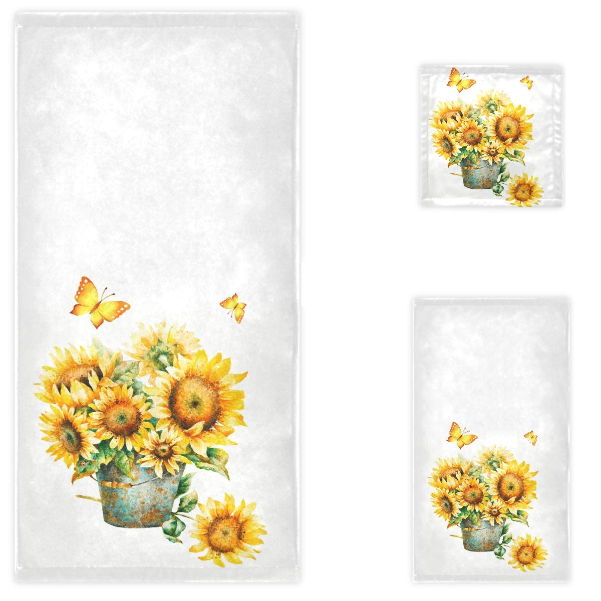 Vintage Sunflower Butterfly Decorative Bath Towel Set - 3 Piece Luxury Soft Towels (1 Bath, 1 Hand, 1 Washcloth) for Bathroom, Hotel, Gym, Spa & Beach - Perfect for Home Decor, Guest Towels & Spa Days - White