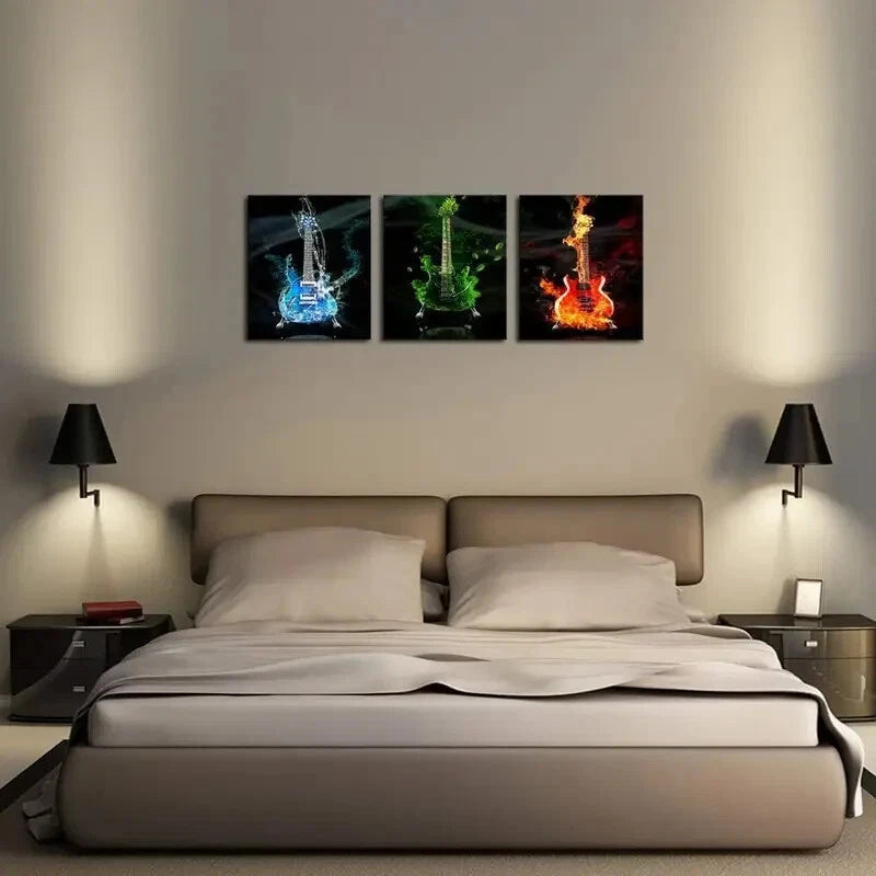 3-Piece Red, Green & Blue Guitar Painting Metal Print - Ready to Hang Wall Art Decor for Living Room, Bedroom & Music Studio