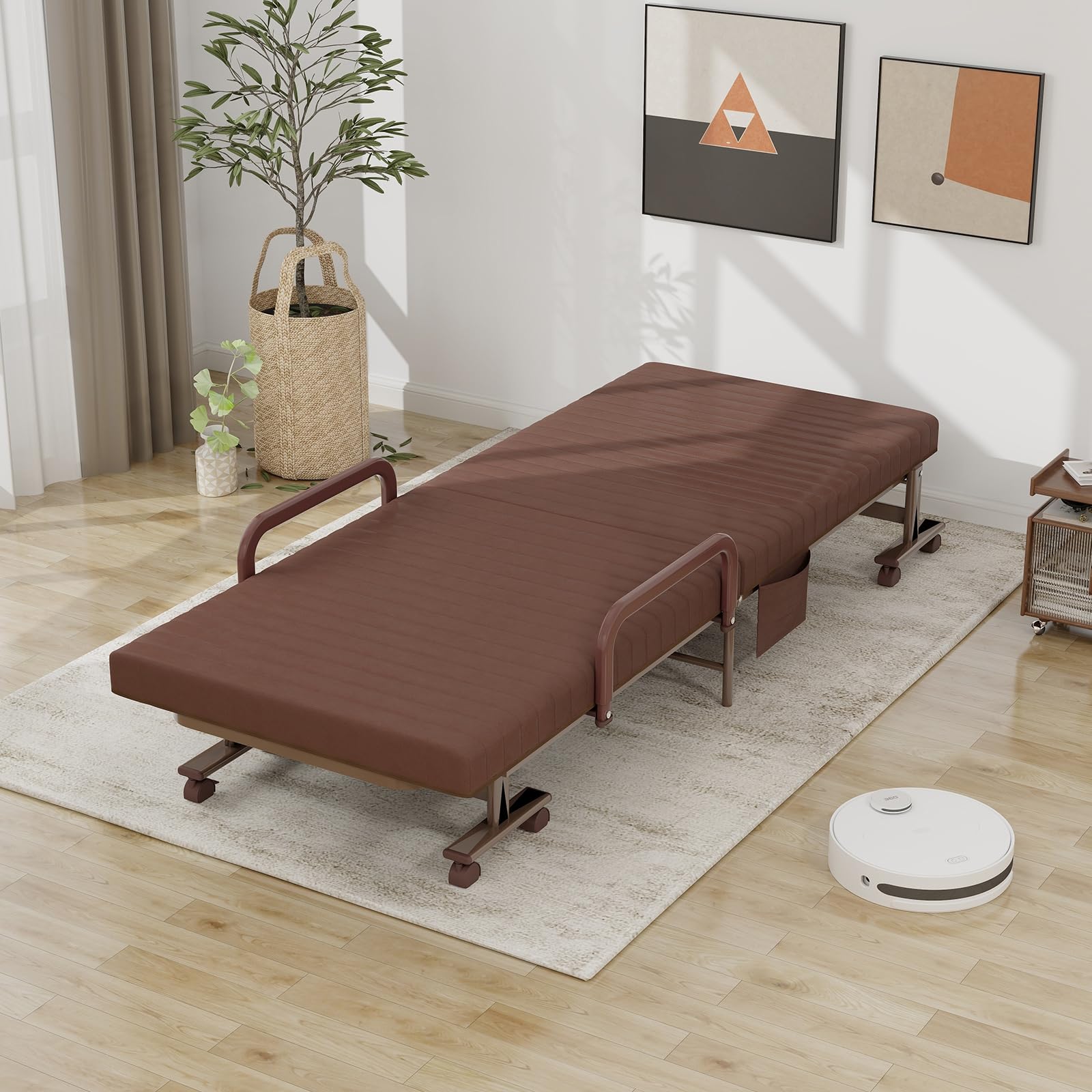 KOMFOTT Folding Rollaway Bed with Mattress - Portable Guest Bed for Adults, 6-Position Adjustable Backrest & Reinforced Steel Frame, Foldable with Side Storage Pocket - Perfect for Spare Rooms, Camping & Temporary Sleeping Solutions