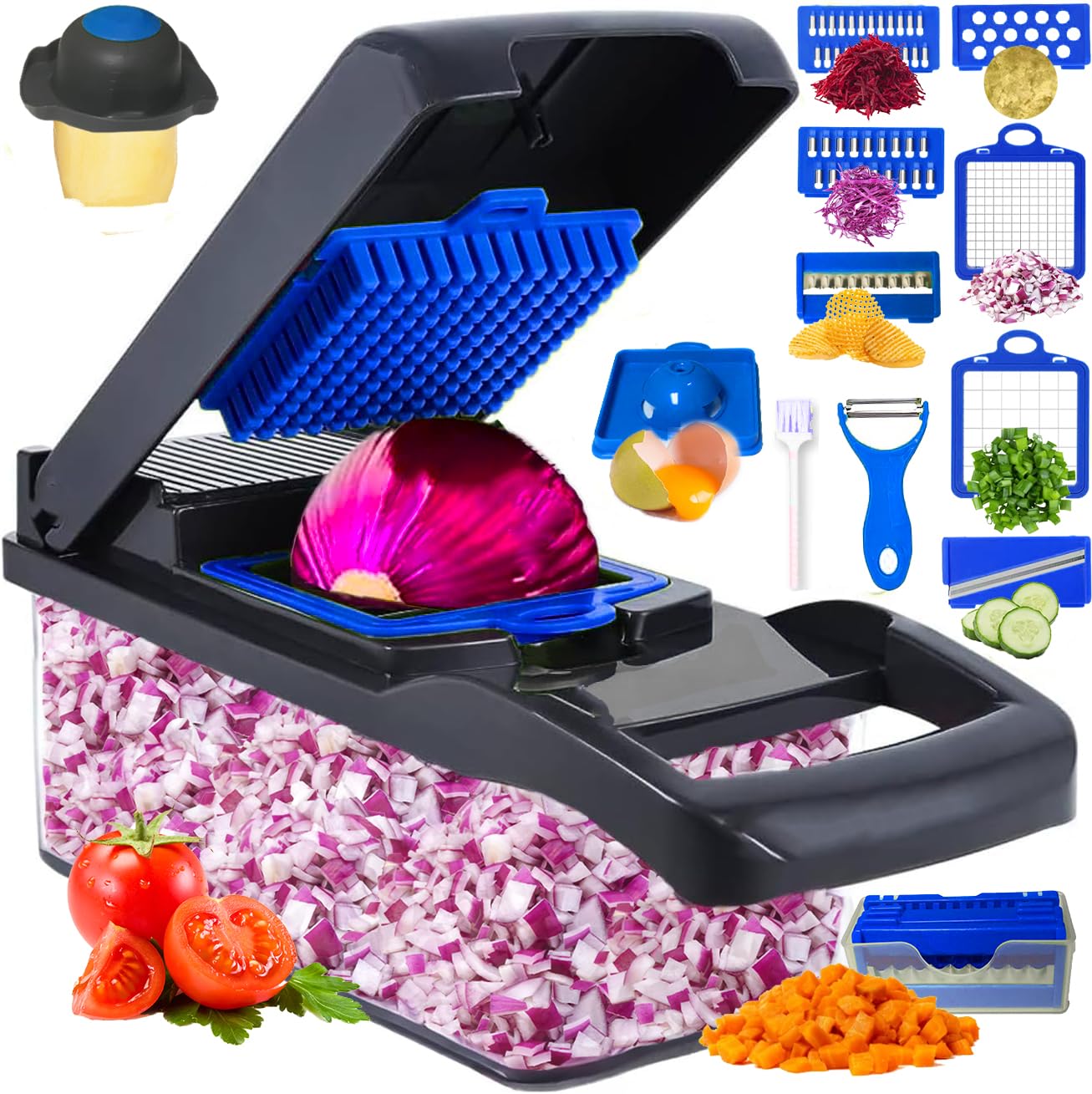 16 in 1 Professional Mandoline Slicer & Vegetable Chopper - Multifunctional Food Cutter for Onion, Potato, Tomato with 8 Blades & Storage Container - Perfect for Meal Prep, Salad Making & Healthy Cooking