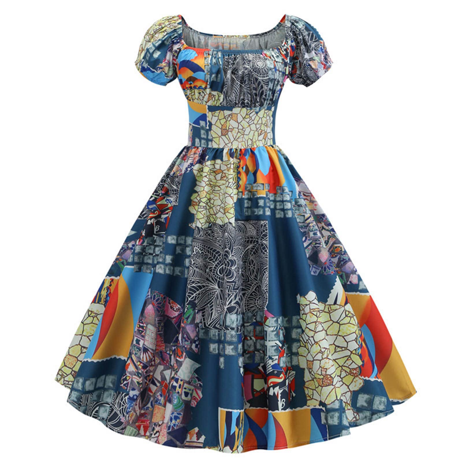 Vintage Floral Tea Dress for Women - Puff Sleeve, High Waist, Square Neck Elegant Evening Dress | Perfect for Garden Parties, Weddings & Formal Occasions