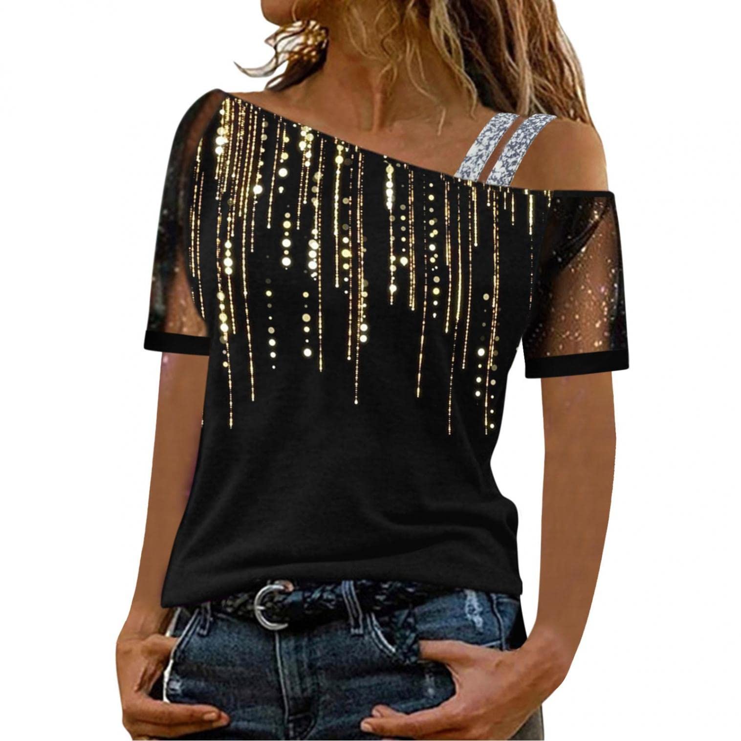 Zieglen Women's Sparkly Off Shoulder T-Shirt - Summer Party & Casual Wear
