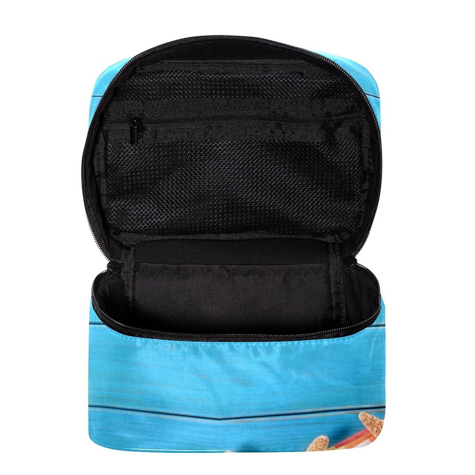 Starfish Sunglasses & Blue Wooden Board Travel Makeup Bag - Large Cosmetic Organizer with Zipper for Women & Girls | Perfect for Beach Vacations, Travel & Daily Makeup Storage