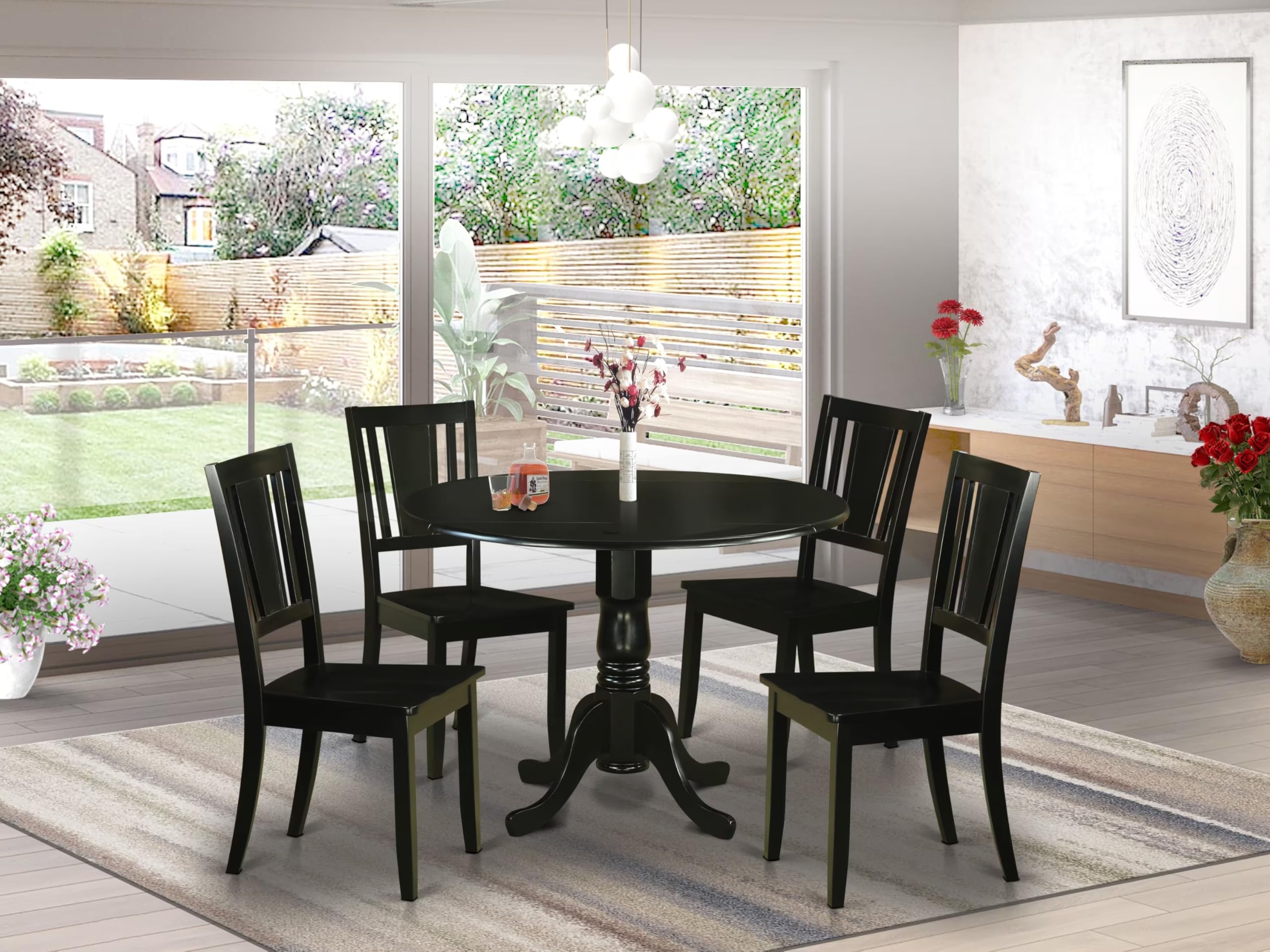 East West Furniture DLDU5-BLK-W 5-Piece Black Round Dining Table Set with Drop Leaf & 4 Chairs, 42x42 Inch - Perfect for Small Kitchens, Breakfast Nooks & Cozy Family Meals