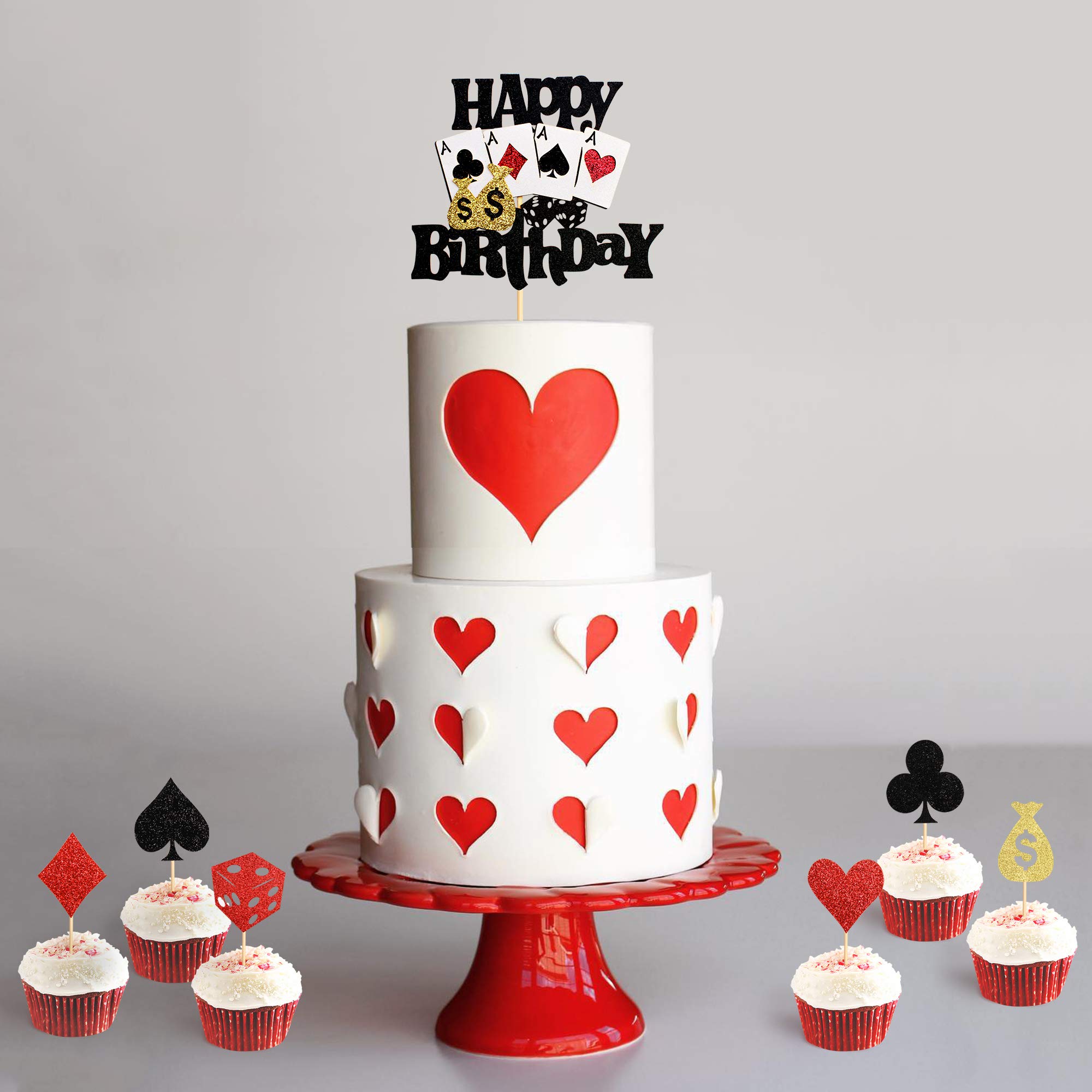 25 Pack Casino Cupcake Toppers - Poker Heart & Playing Cards Decorations for Vegas Theme Parties, Poker Night Supplies, Birthday & Bachelorette Celebrations