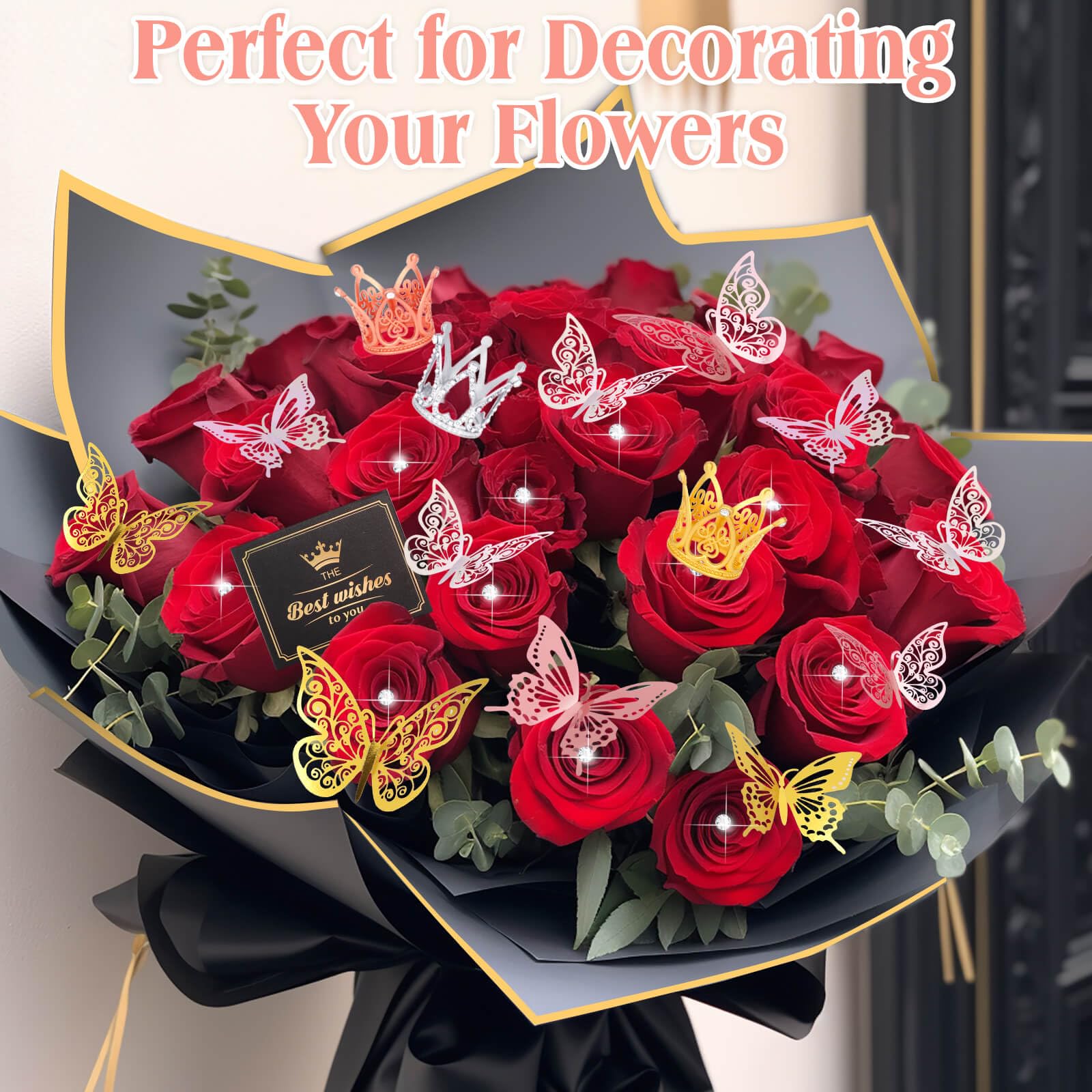 Tetutor 241-Piece Waterproof Floral Wrapping Paper Set - Bouquet Wrapping Sheets with Ribbons, Flower Pins, 3D Butterflies & Crowns for Professional Florists | Perfect for Wedding Bouquets, Gift Wrapping & Flower Arrangements