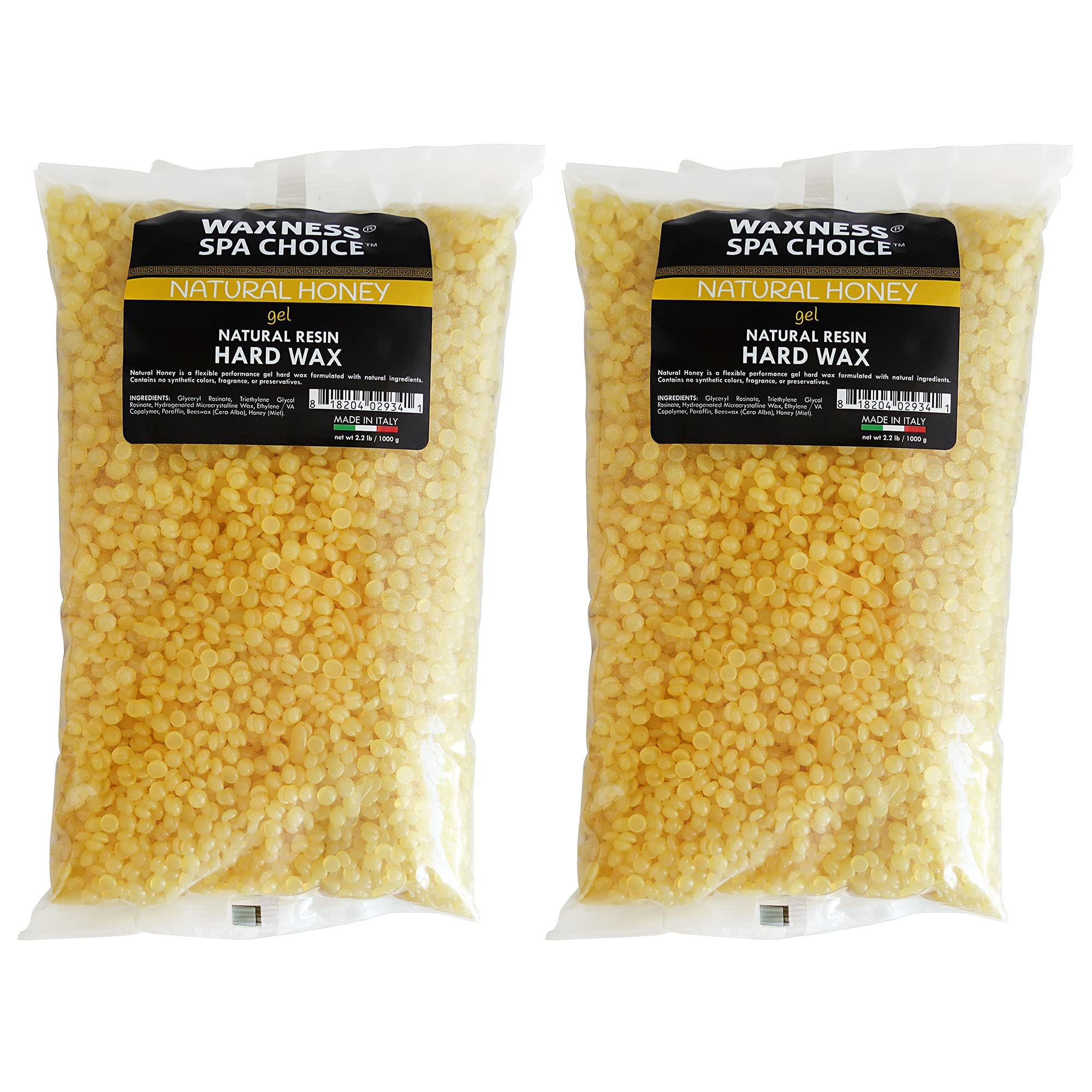 Waxness Spa Choice Natural Honey Gel Hard Wax Beads for Hair Removal - 2.2 lb (1 kg) Pack of 2 - Professional Waxing at Home & Salon Use