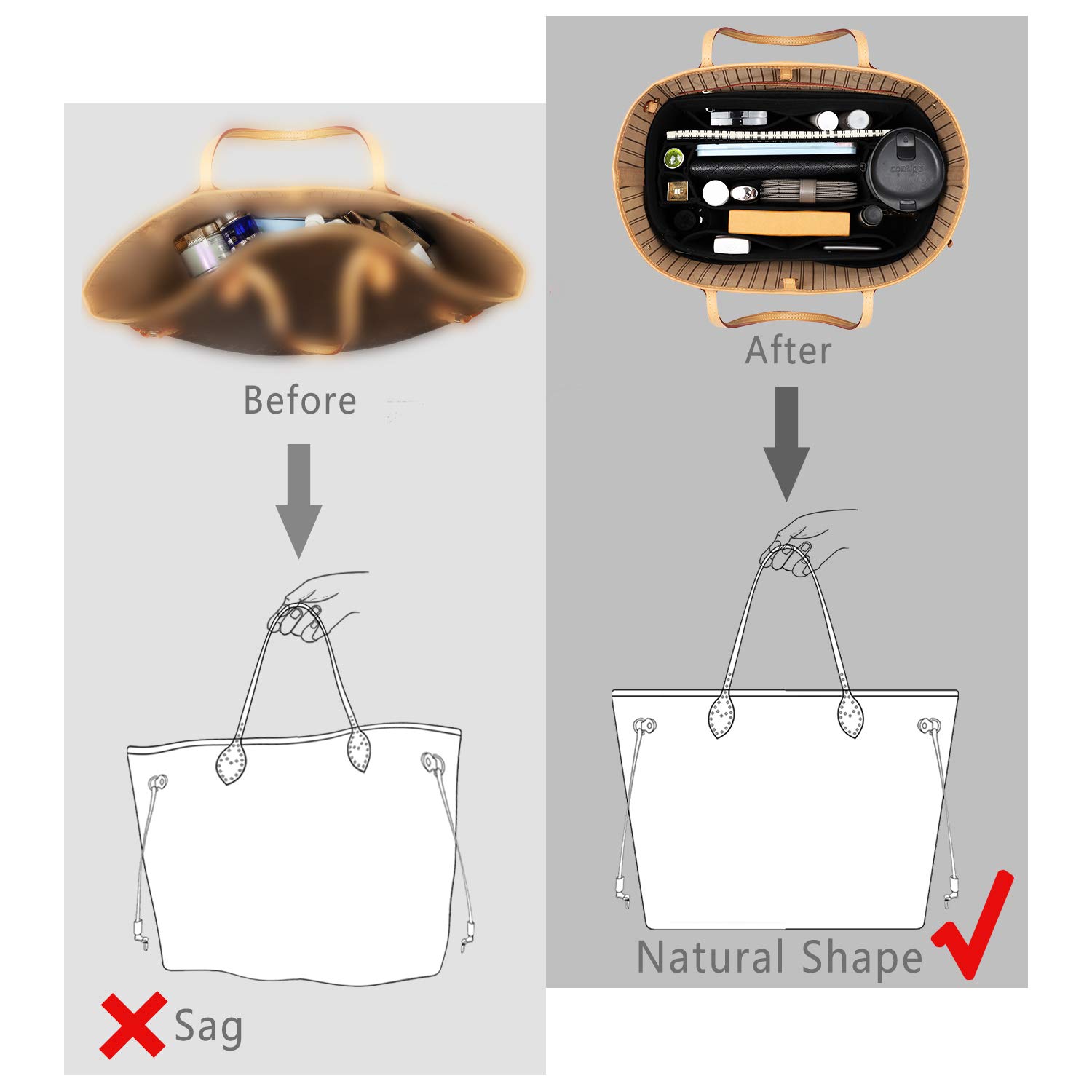 Premium Felt Purse Organizer Insert with Zipper & Sewn Bottom - Perfect Fit for Louis Vuitton Speedy, Neverfull, Graceful (6 Size Options) - Ideal for Travel, Work & Daily Organization