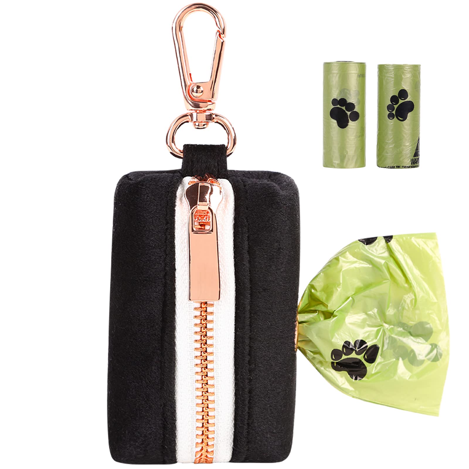 Premium Dog Waste Bag Dispenser - Soft Black Poop Bag Holder with Metal Zipper | Attaches to Any Leash | Washable Velvet Pet Waste Pouch for Dogs | Perfect for Walking, Hiking & Outdoor Adventures